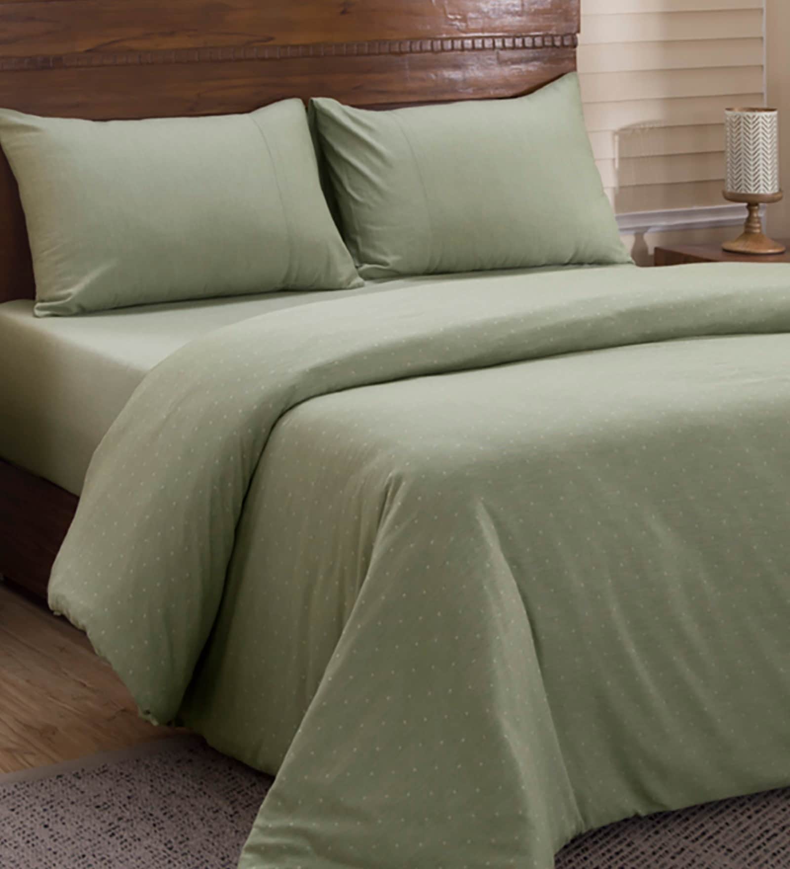 Green Solid Cotton Double Bed Duvet Cover With 2 Pillow Covers