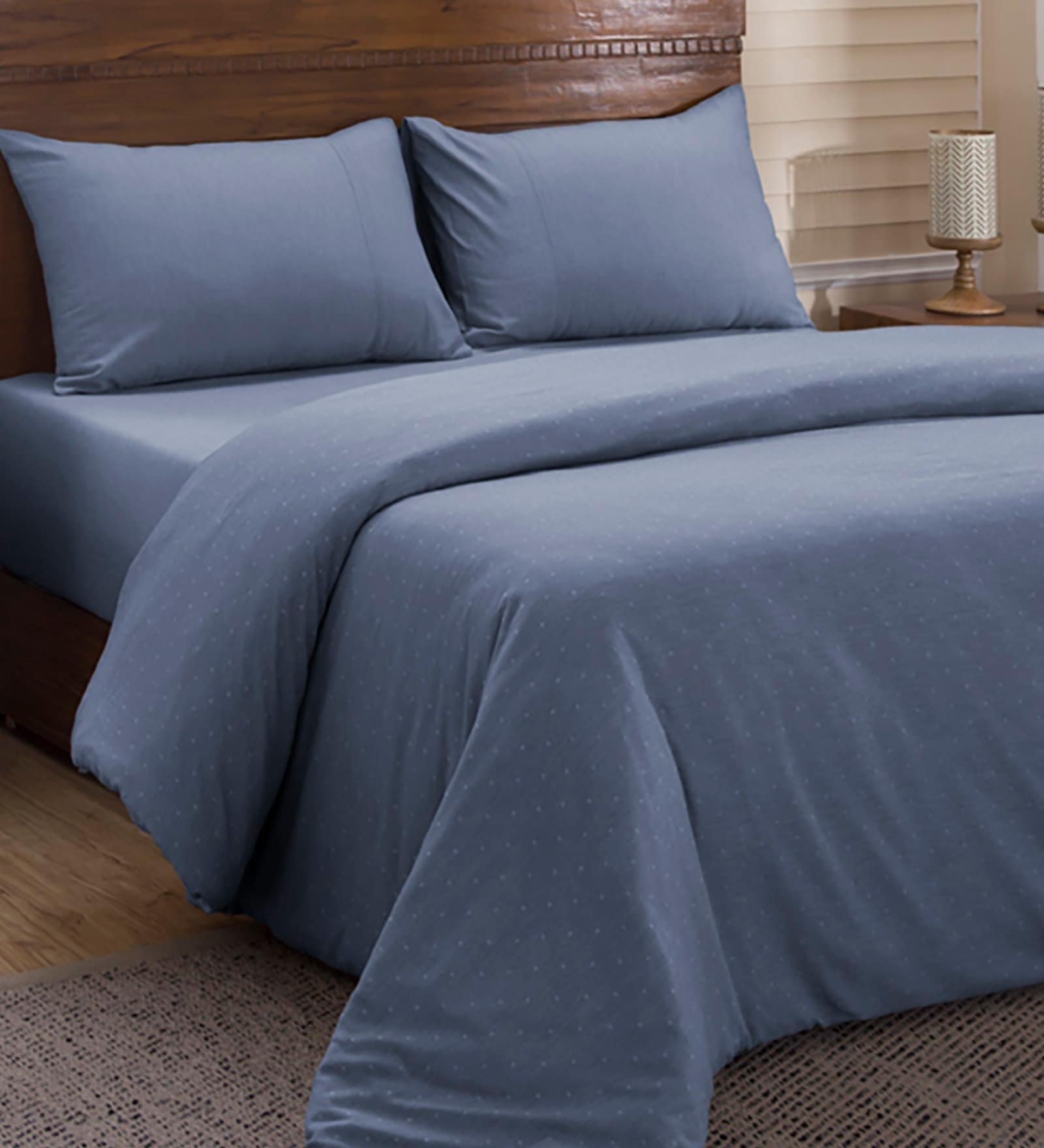 Blue Solid Cotton Double Bed Duvet Cover With 2 Pillow Covers