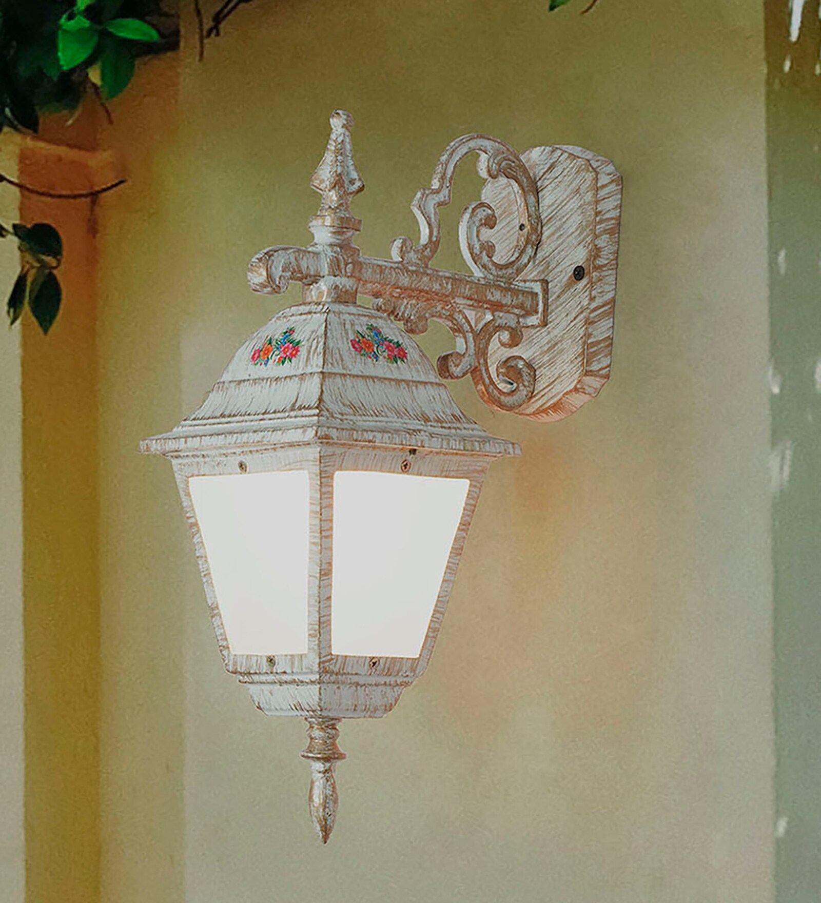 Cottage Farmhouse Outdoor Wall Sconce | Distressed White Finish with Floral Motifs