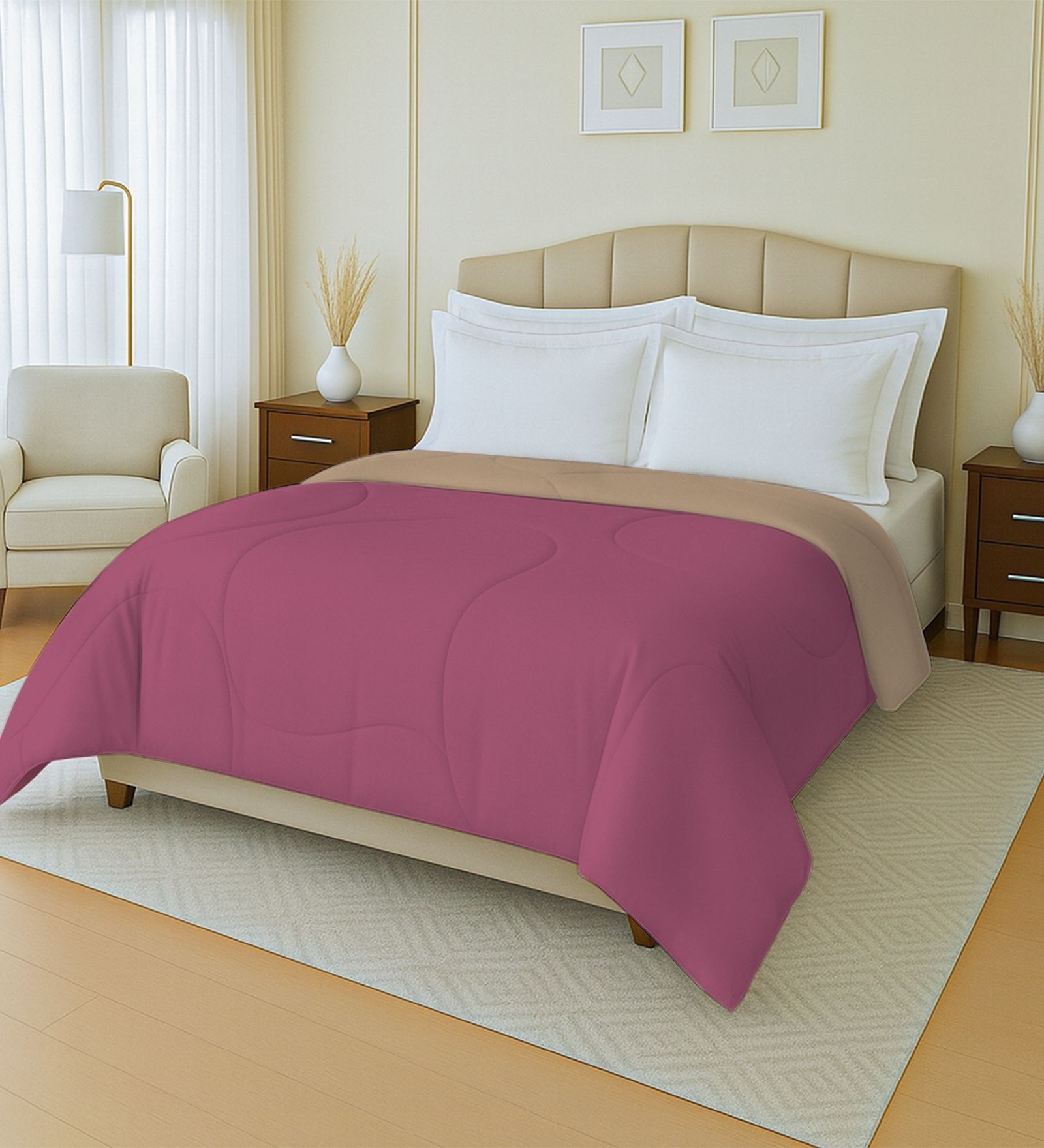 Beige And Pink Cotton Reversible Double Bed Ac 150Gsm Comforter