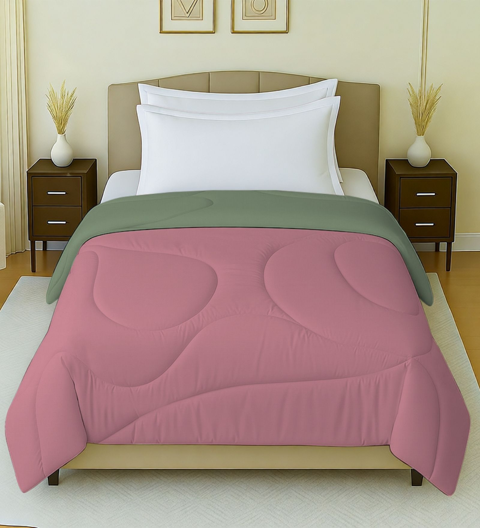 Green And Pink Cotton Reversible Single Bed Ac 150Gsm Comforter