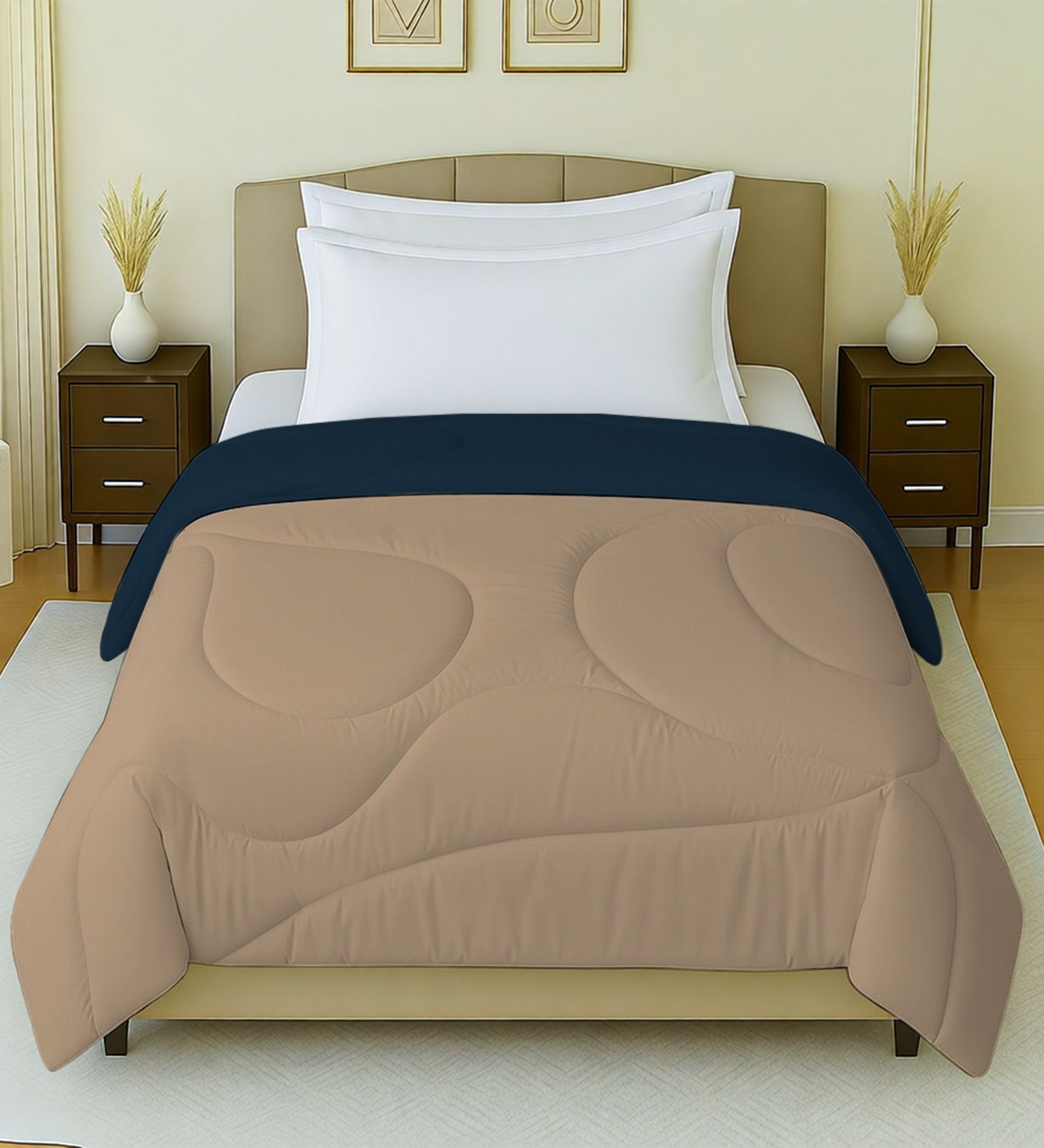 Navy Blue And Beige Cotton Reversible Single Bed Ac 150Gsm Comforter