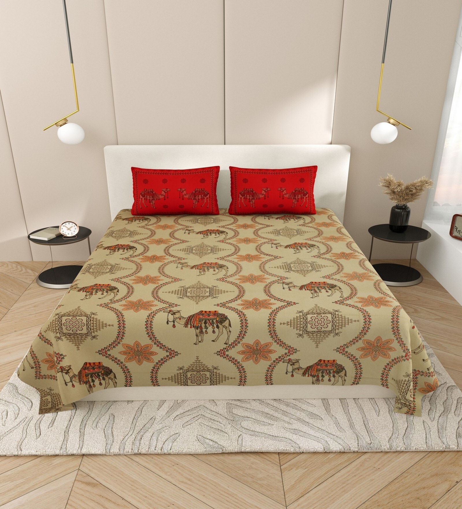 Brown And Red Floral 144 TC Cotton King Size  Bedsheet With 2 Pillow Cover