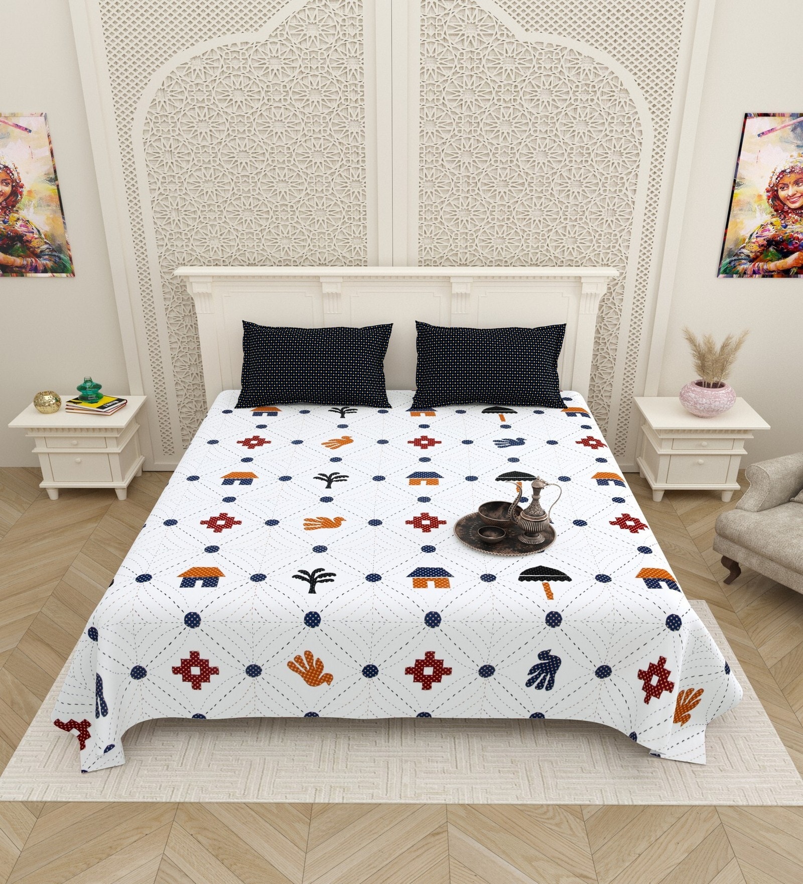 White Traditional print 144 TC Cotton King Size  Bedsheet With 2 Pillow Cover