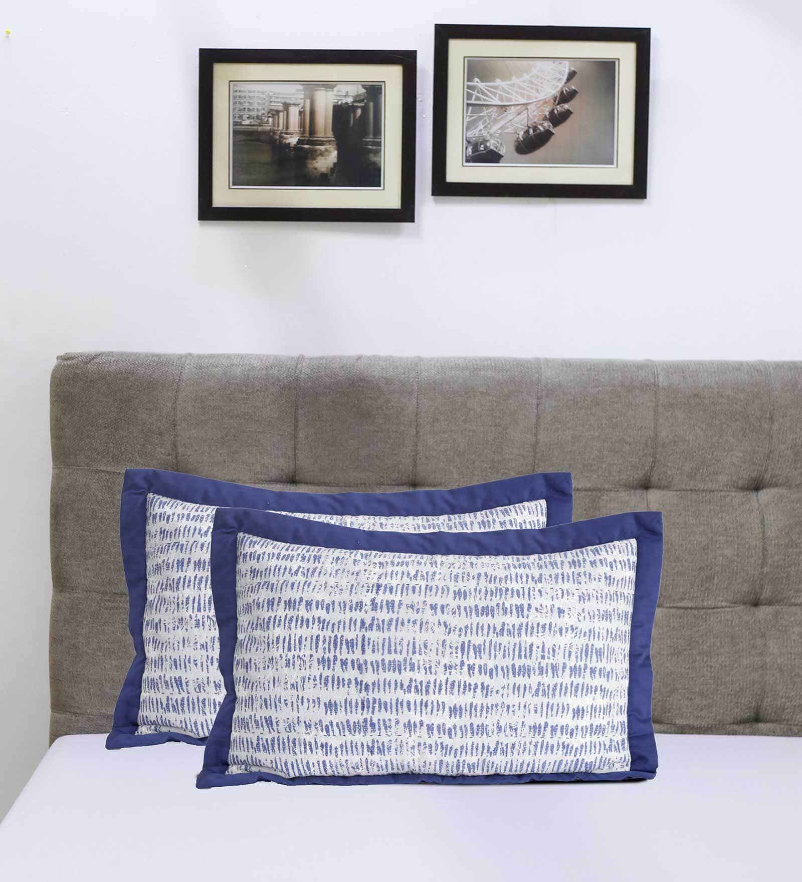 Blue Geometric 200 TC Cotton 20X30 Inches Pillow Covers with Filler (Set of 2)