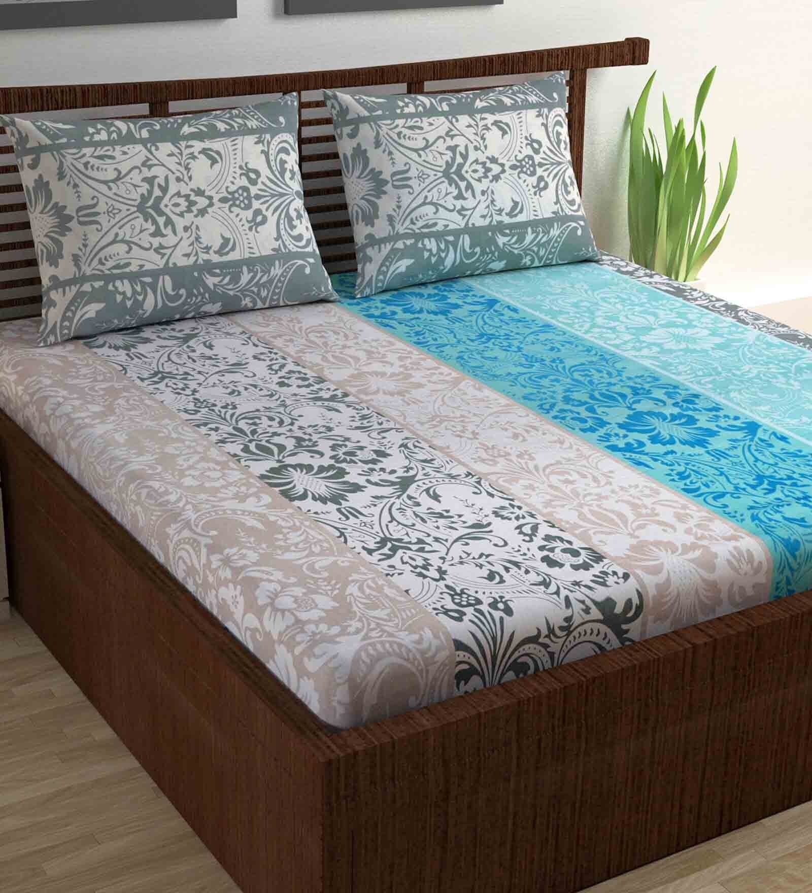 Sky Blue Floral 140 TC Cotton Blend Queen Sized Bed Sheets with 2 Pillow Covers Sky Blue Floral 140 TC Cotton Blend Queen Sized Bed Sheets with 2 Pillow Covers