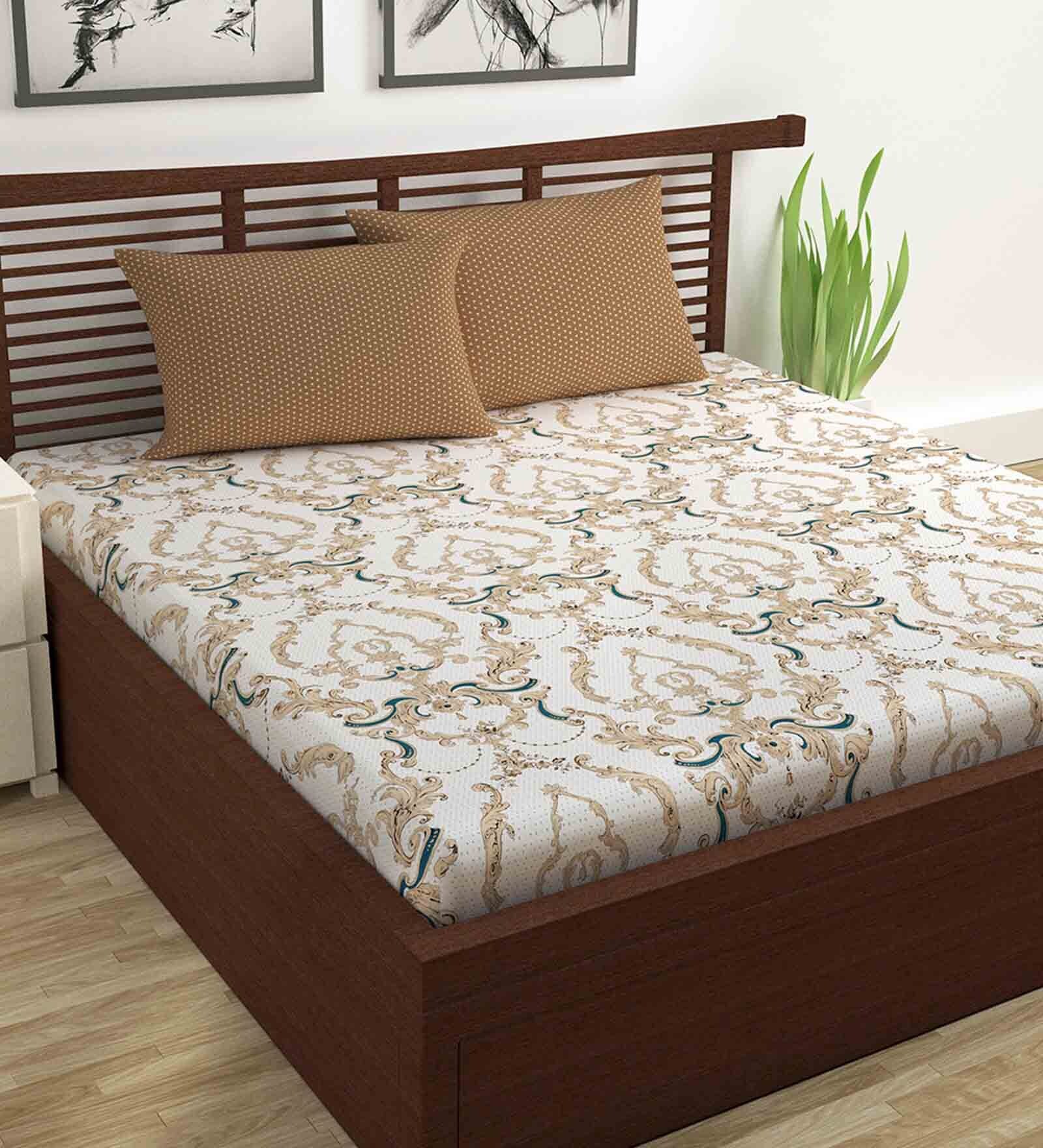 Multicolor Traditional 144 TC 100% Cotton Queen Sized Bed Sheets with 2 Pillow Covers