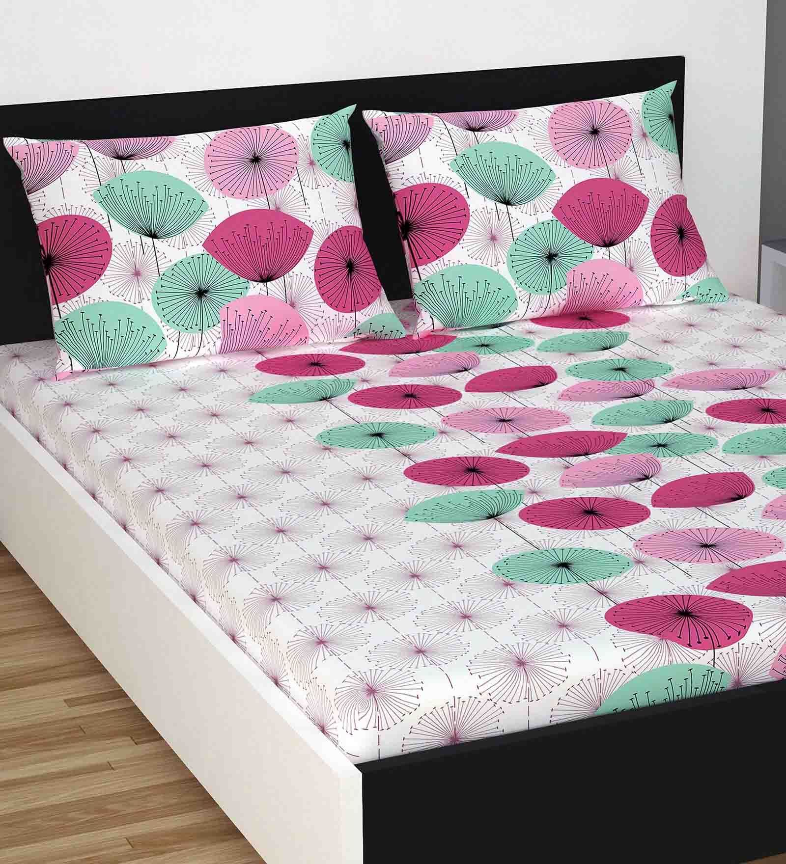 Pink Floral 140 TC Cotton Blend Queen Sized Bed Sheets with 2 Pillow Covers