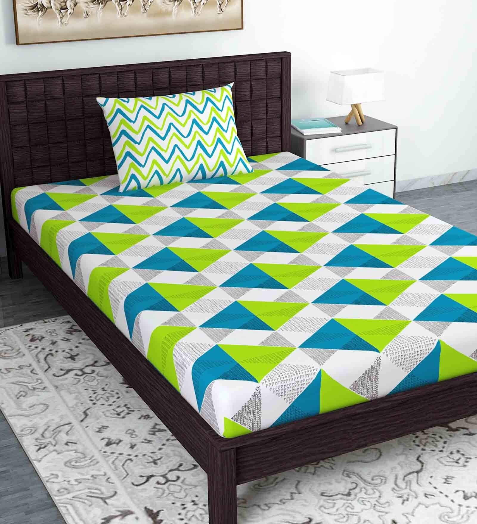 Multicolor Geometric 144 TC 100% Cotton Single Bed Sized Bed Sheets With 1 Pillow Cover