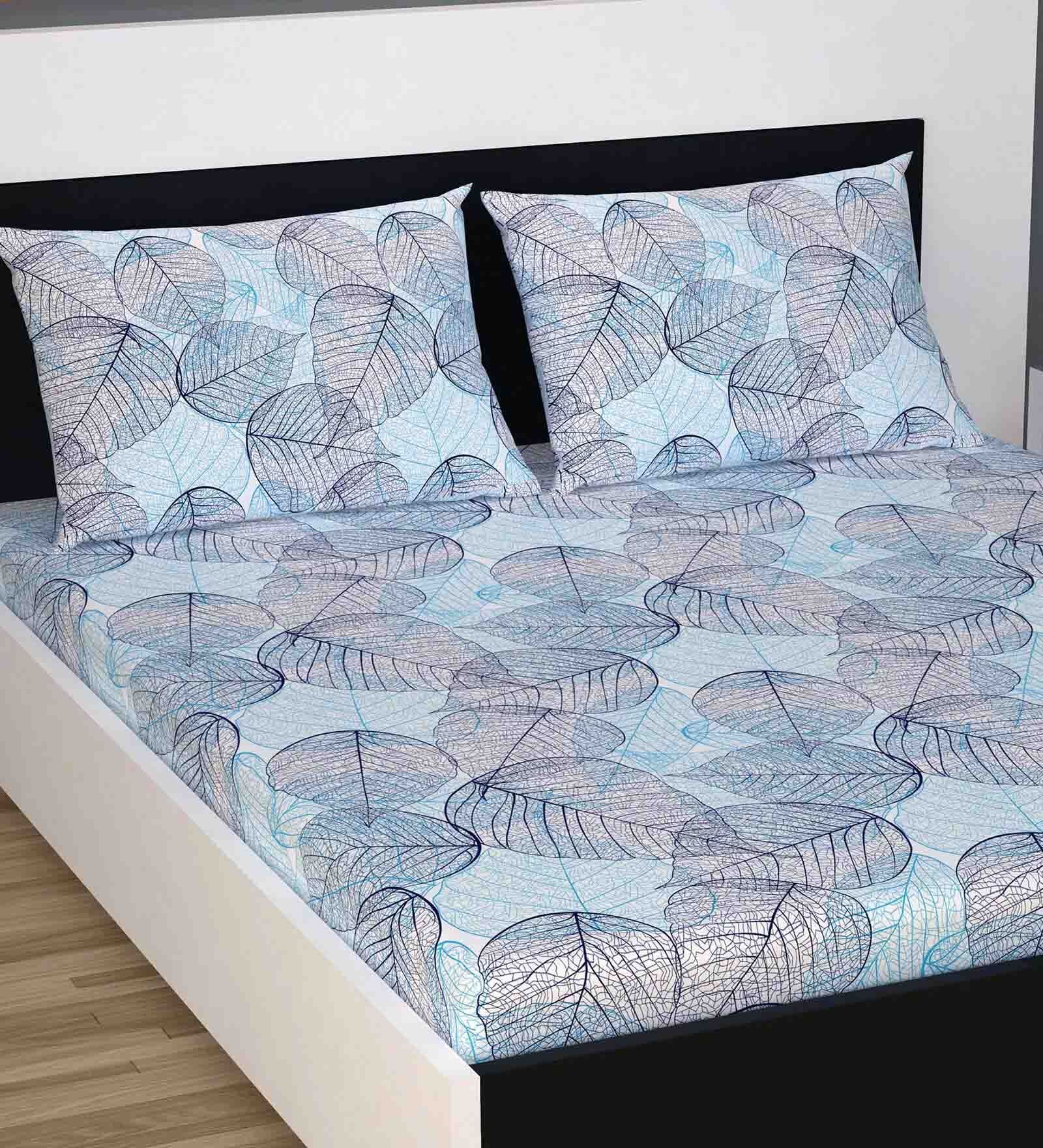 Buy Blue Floral 144 TC Cotton King Sized Bed Sheets with 2 Pillow