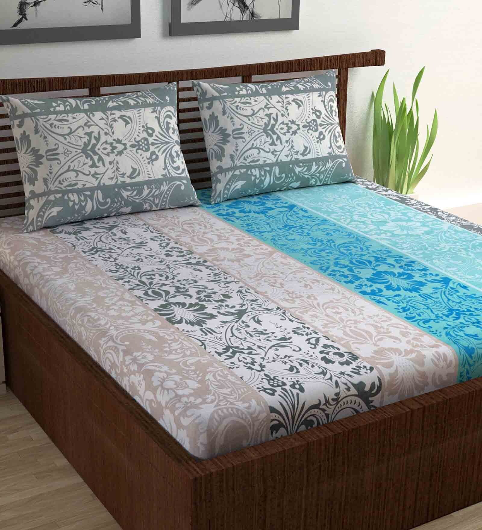 Blue Floral 140 TC Cotton Queen Sized Bed Sheets with 2 Pillow Covers