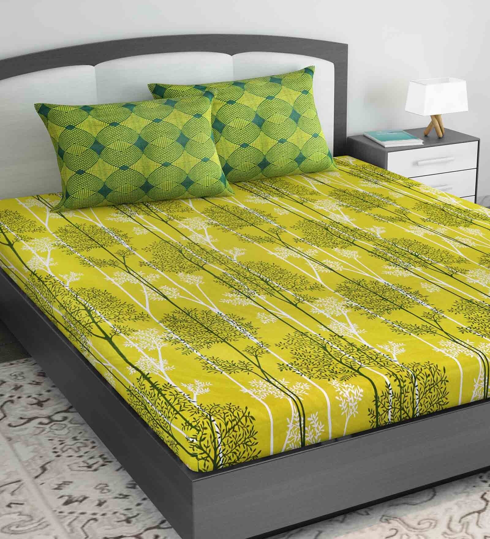 Yellow Floral 140 TC Cotton Queen Sized Bed Sheets with 2 Pillow Covers