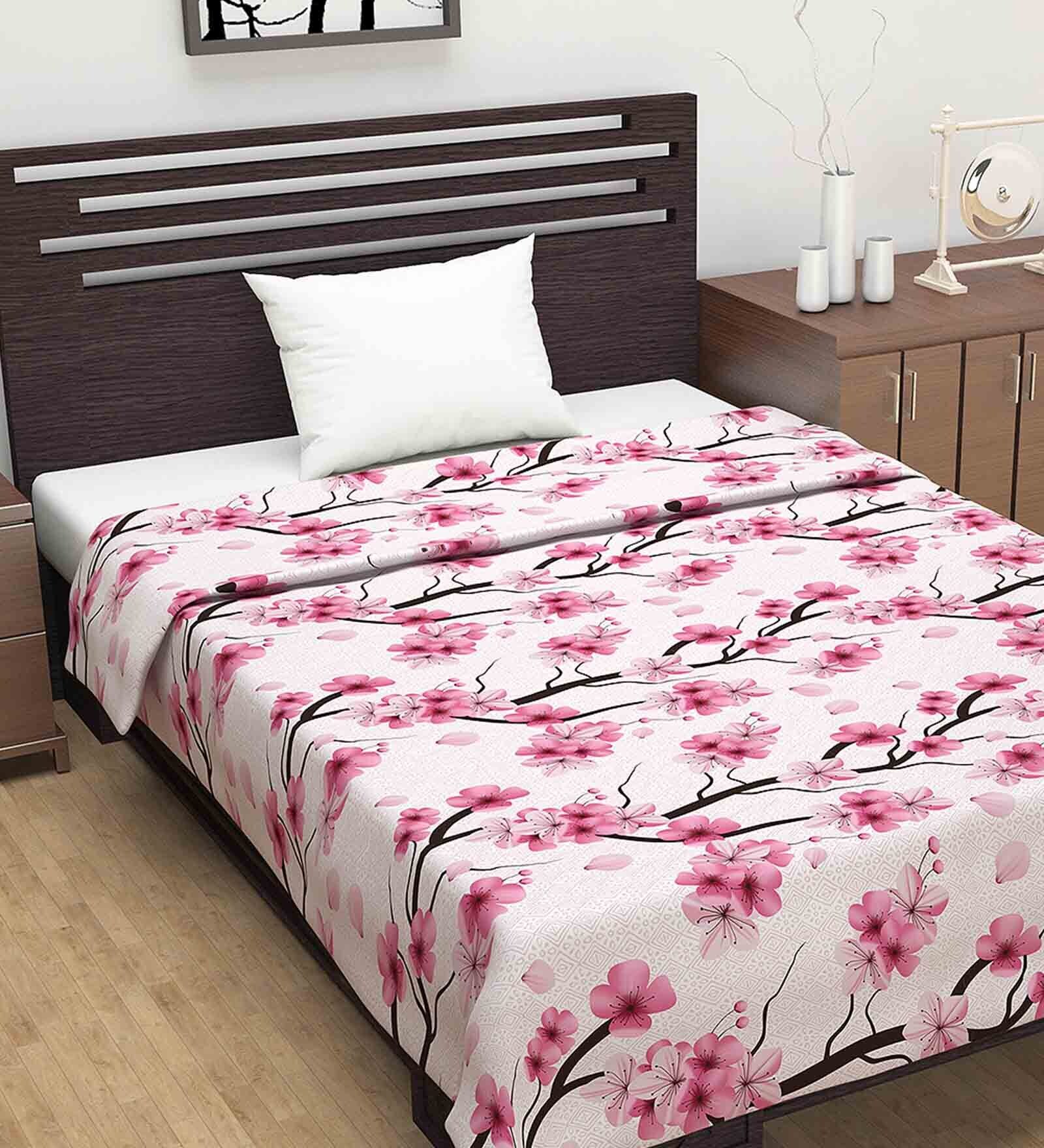 Cotton 120 GSM Floral Printed Pink and Black Single Bed AC Dohar Blanket