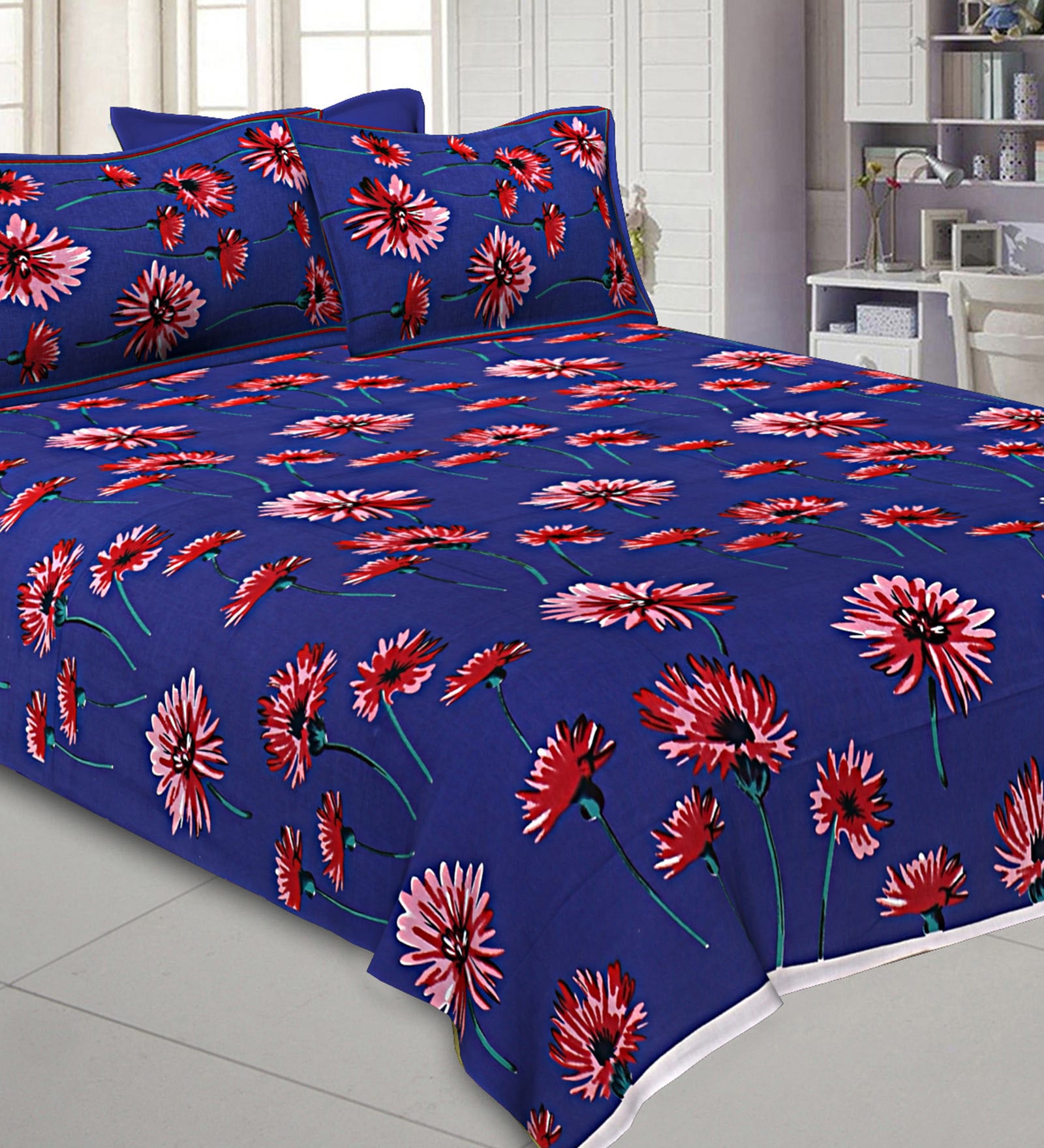 Blue Floral 200 TC Cotton 1 Double King Size Bedsheet with 2 Pillow Covers