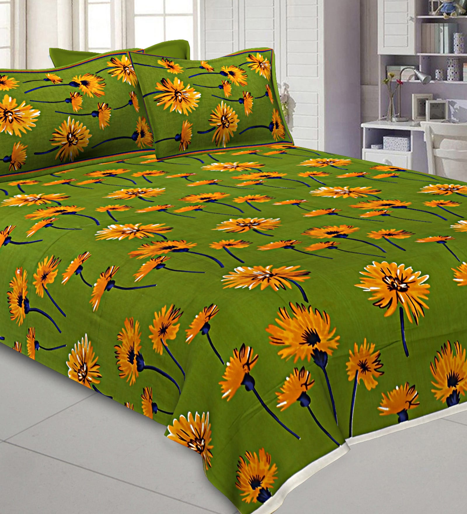 Green Floral 200 TC Cotton 1 Double King Size Bedsheet with 2 Pillow Covers