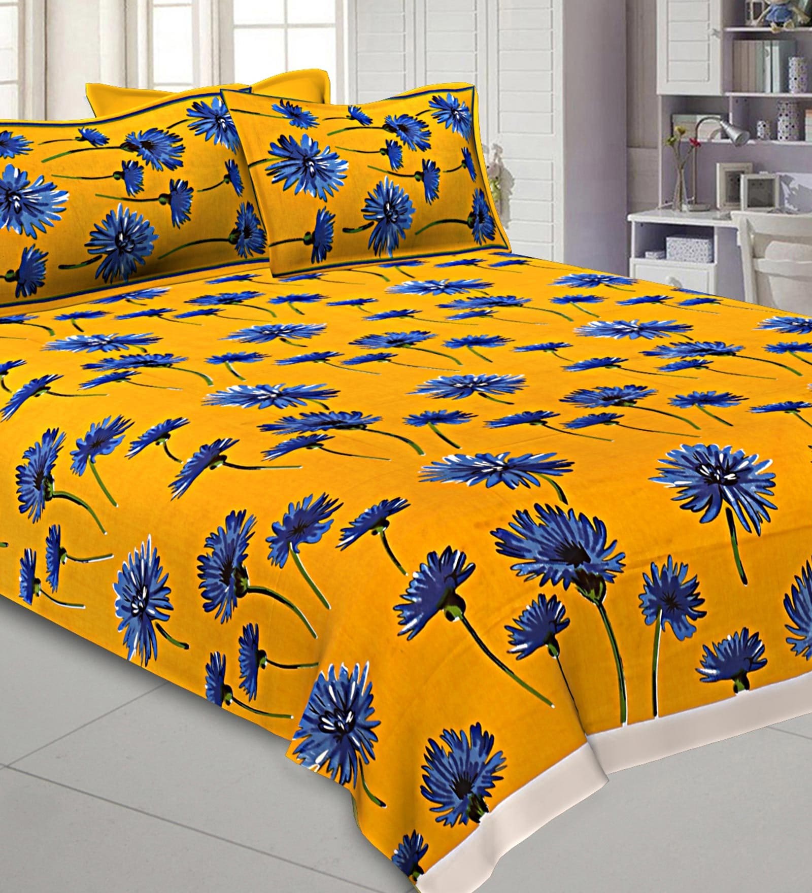 Yellow Floral 200 TC Cotton 1 Double King Size Bedsheet with 2 Pillow Covers