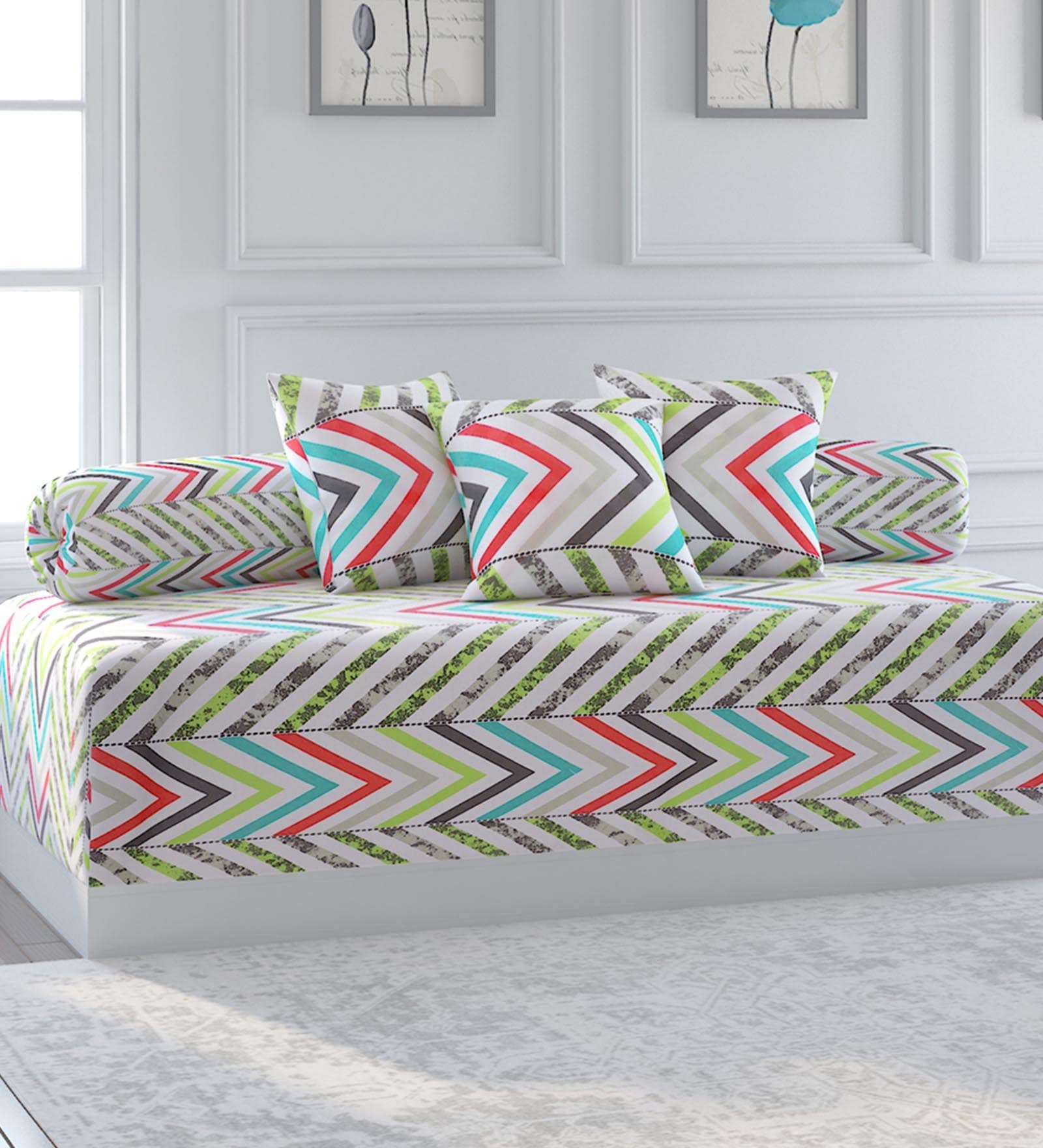 White Patterned 144 TC Cotton Blend (Set of 6) Diwan Sets