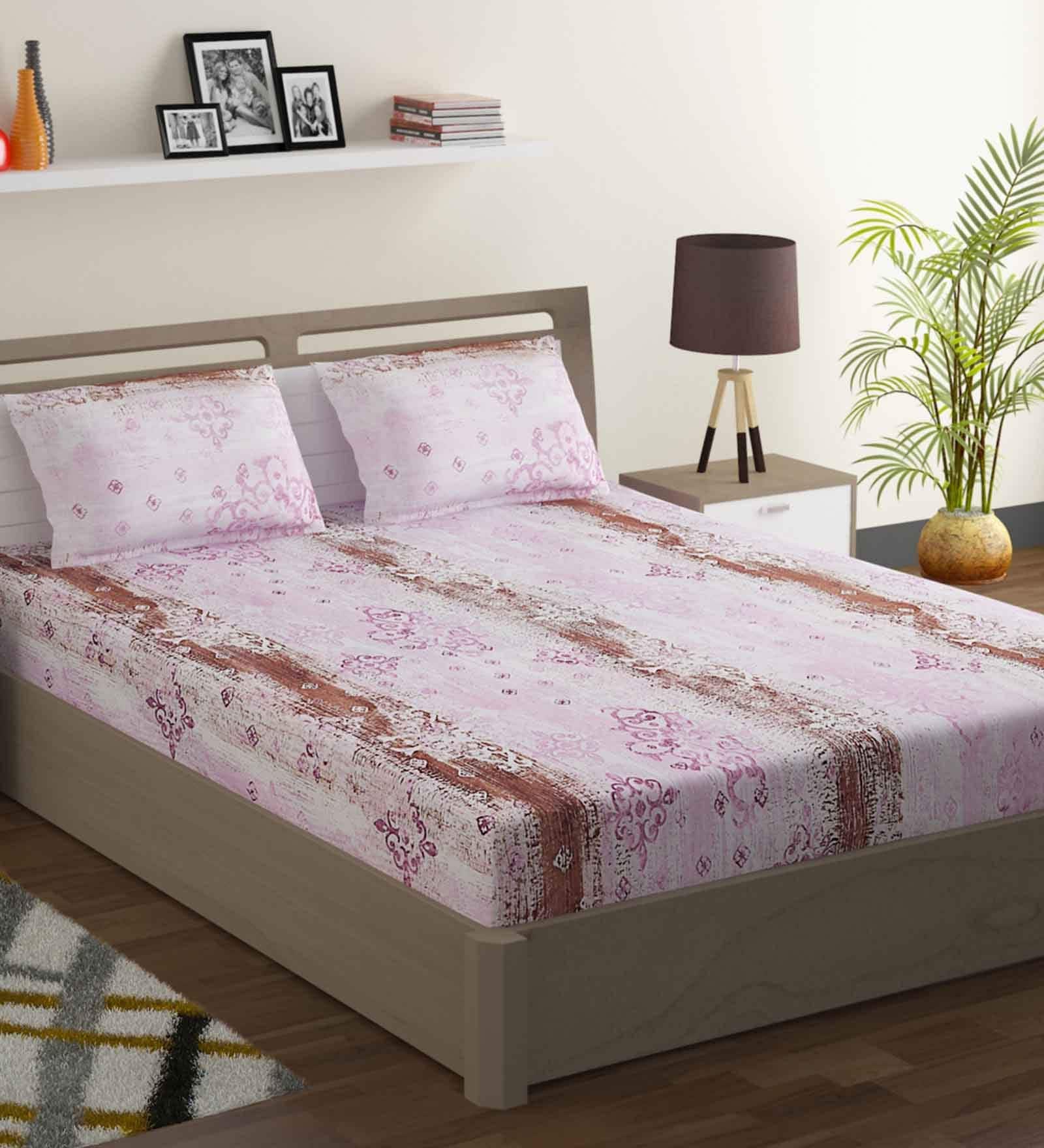 Pink Abstract 144 TC Cotton 1 Double Bedsheet with 2 Pillow Covers