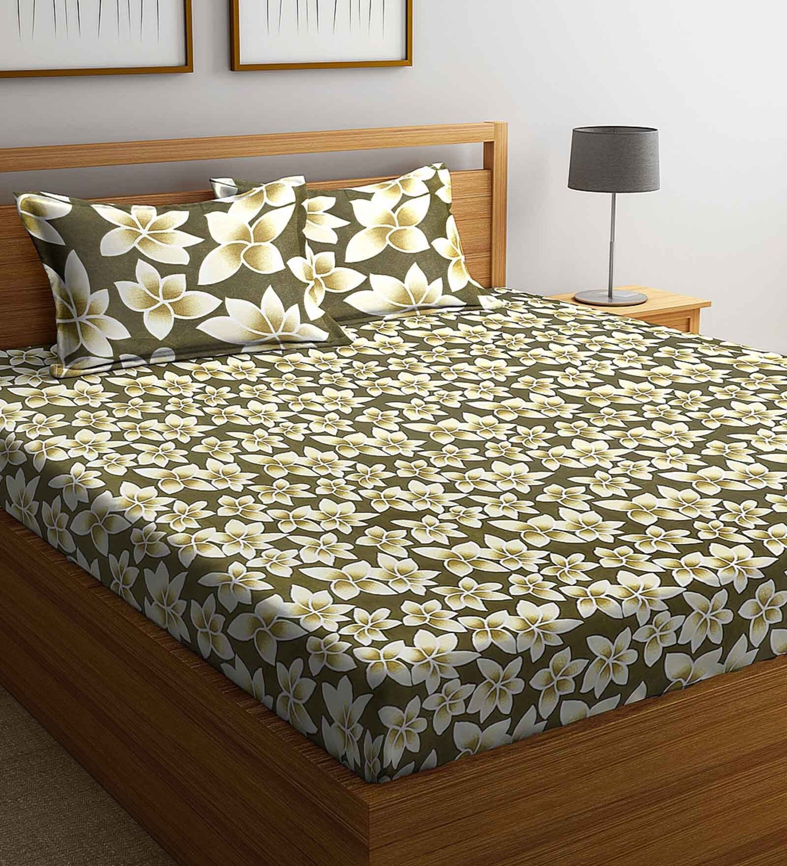 Green Floral 144 TC Microfiber Double Sized Bedsheet With 2 Pillow Covers