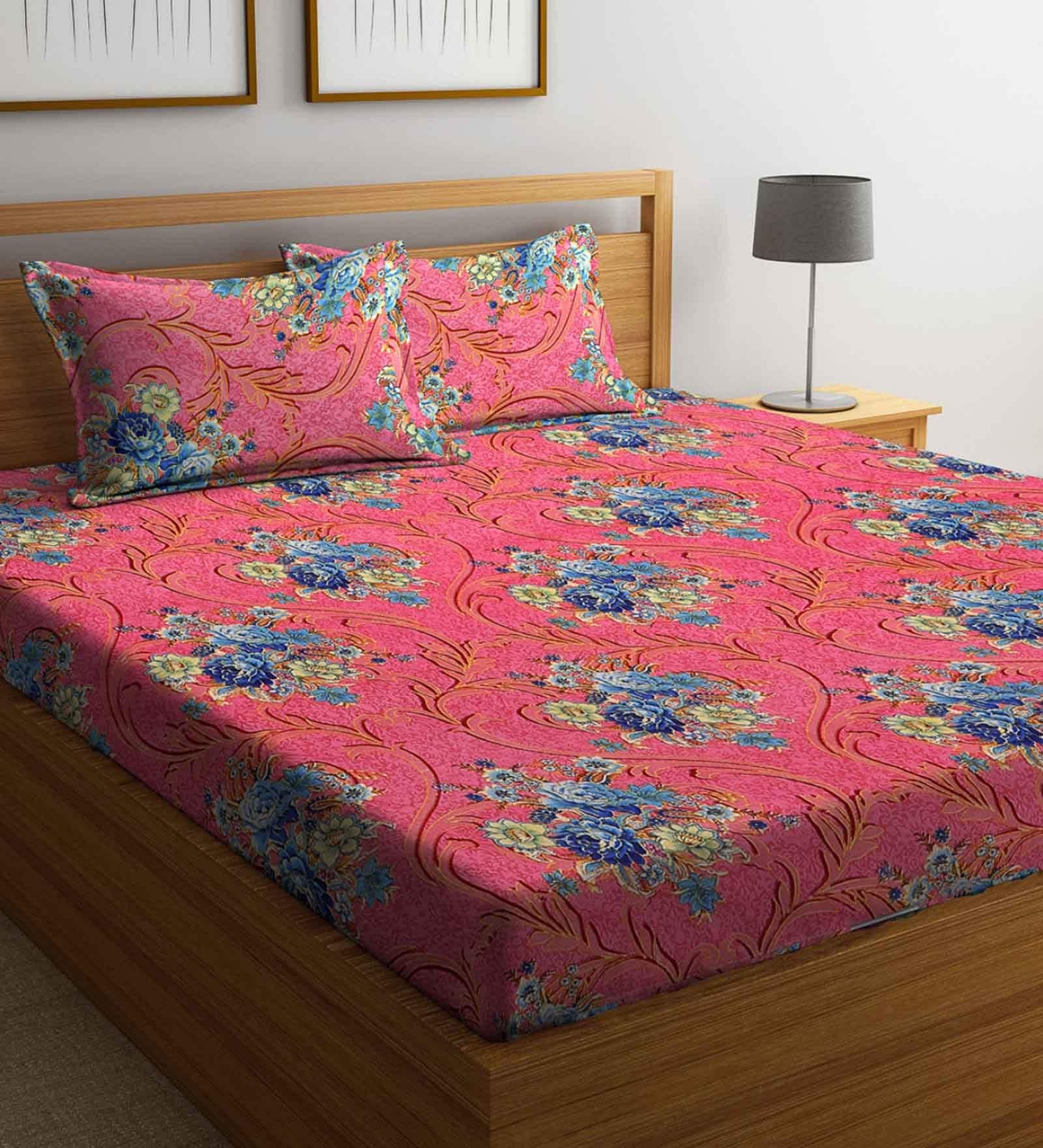 Buy Pink Floral 144 TC Cotton 1 Double Bedsheet with 2 Pillow Covers by