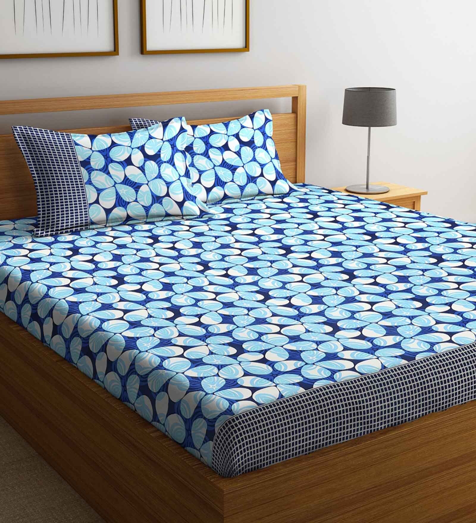 Buy Blue Floral 144 TC Cotton 1 Double Bedsheet with 2 Pillow Covers by