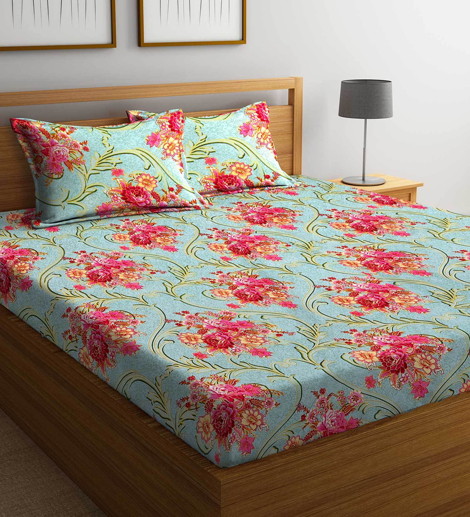 Buy Green Floral 144 TC Cotton Blend Queen Sized Bed Sheets with 2