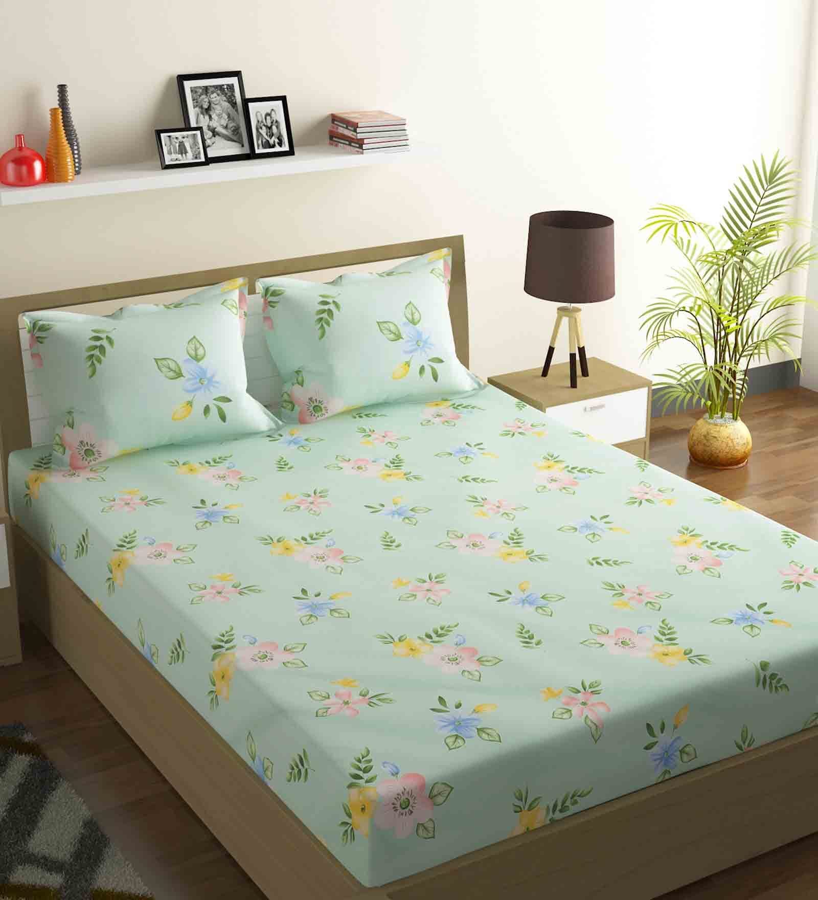 Buy Green Cotton Floral 144 Tc Double Bedsheet With 2 Pillow Covers In Green By Romee At 76 Off 