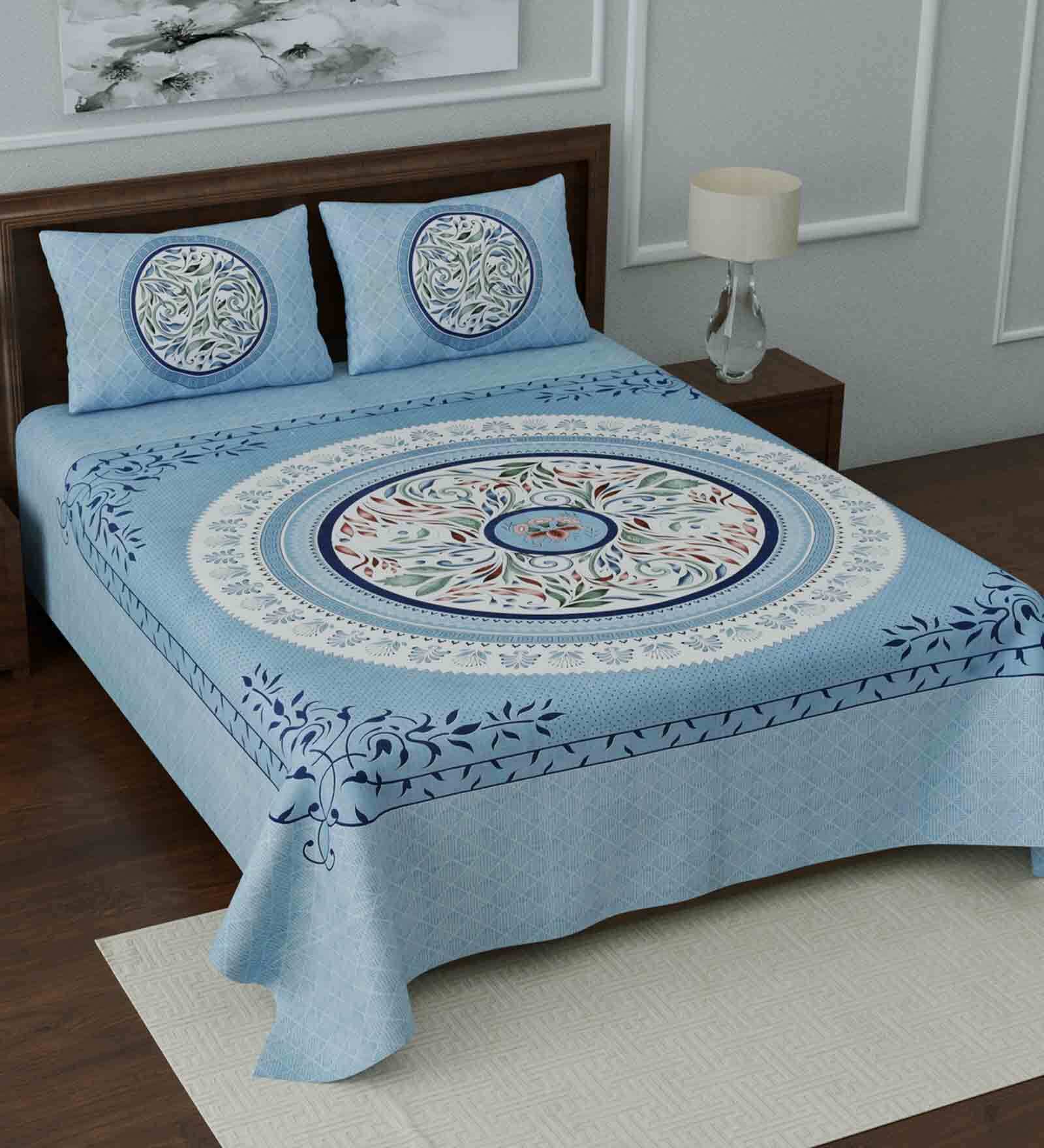 Blue Traditional 144 TC Cotton Blend Queen Sized Bed Sheets with 2 Pillow Covers