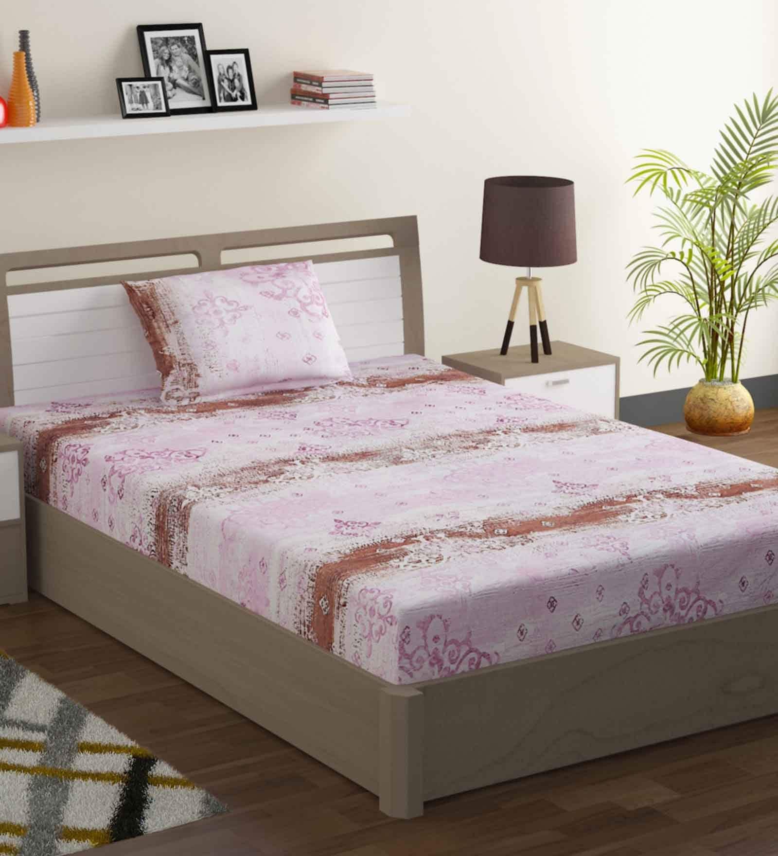 Pink Floral 144 TC Cotton 1 Single Bedhseet with 1 Pillow Cover