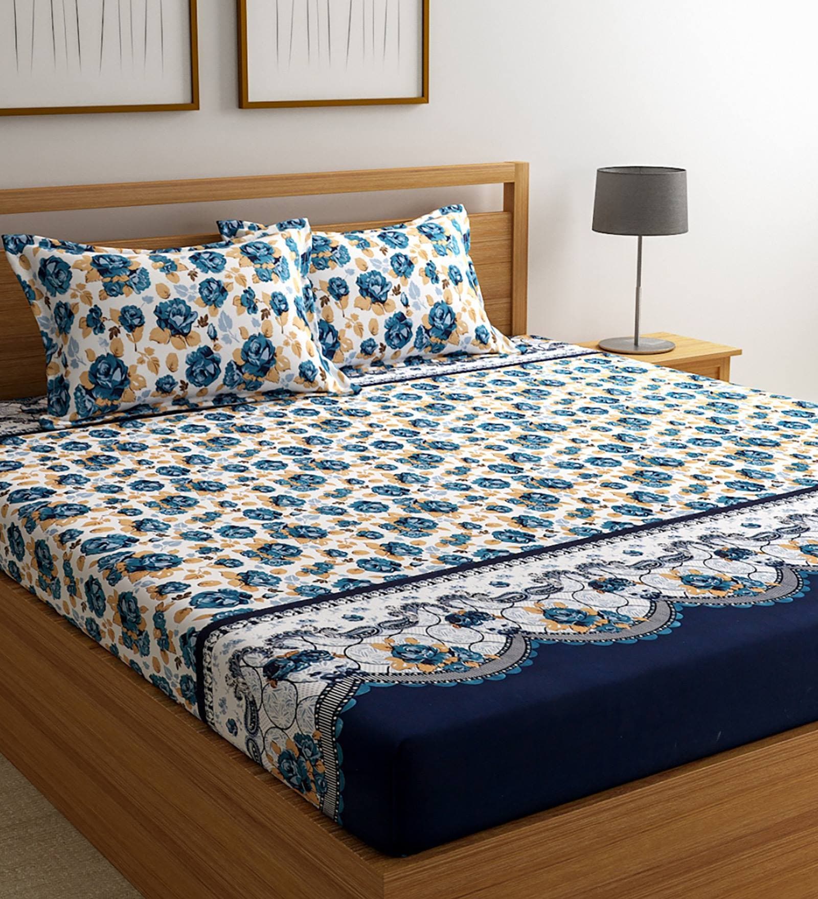 White Floral 144 TC Microfiber Double Sized Bedsheet With 2 Pillow Covers