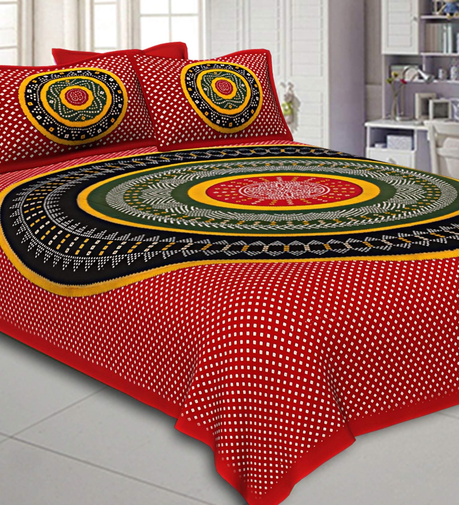 Red Traditional 200 TC Cotton 1 Double Bedsheet with 2 Pillow Covers