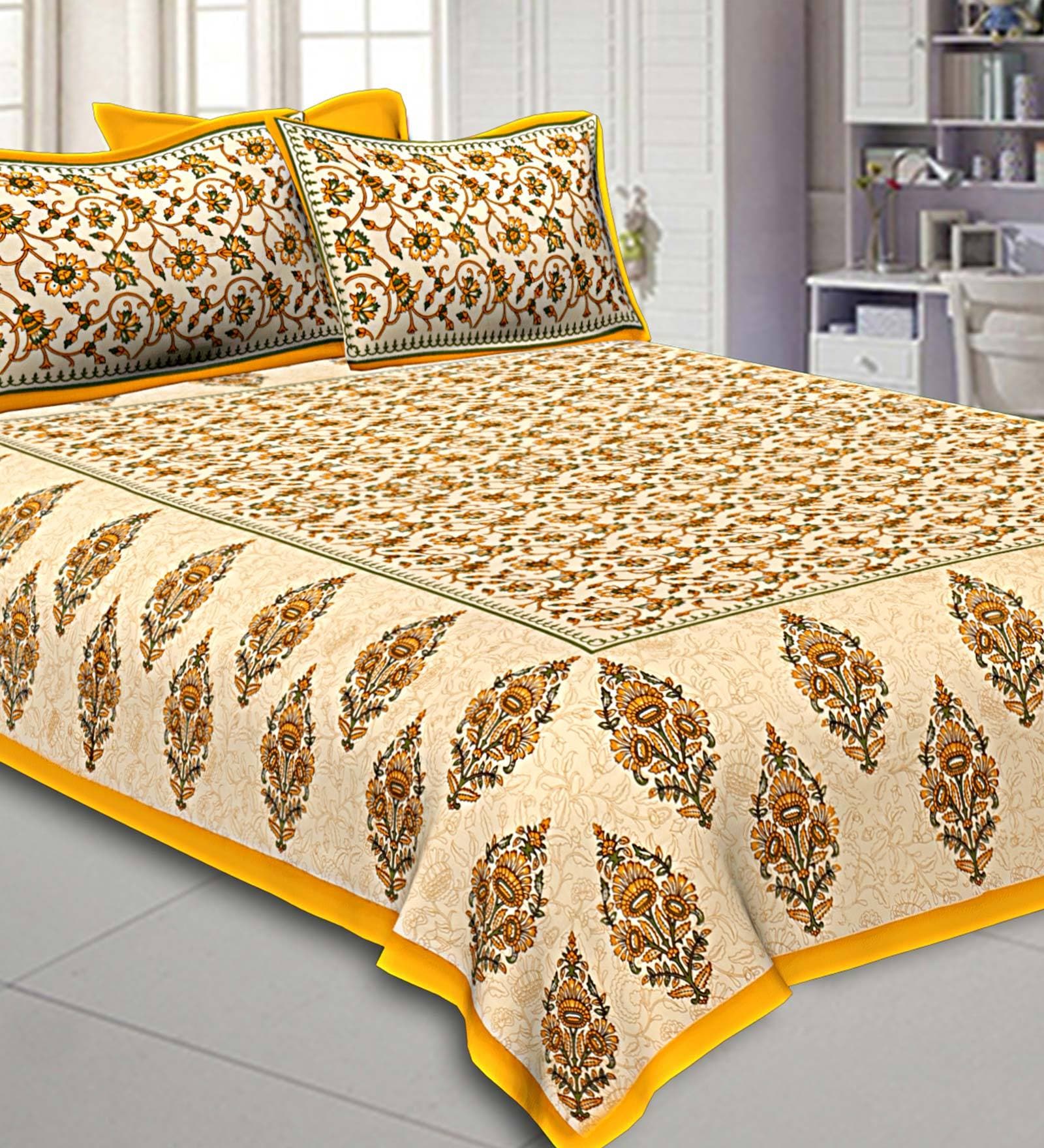 Yellow Traditional 200 TC Cotton 1 Double King Size Bedsheet with 2 Pillow Covers