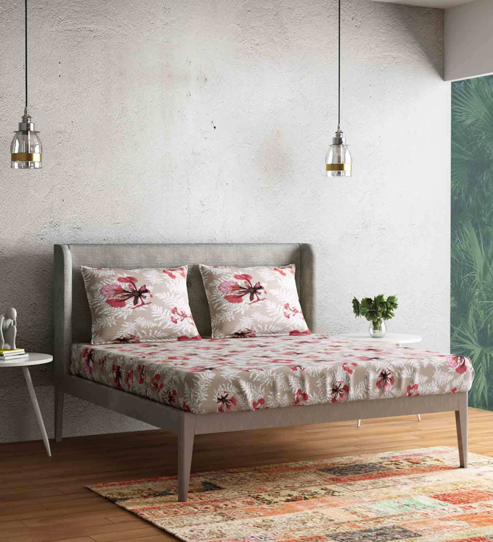 Beige Floral 300 TC 100% Cotton King Sized Bed Sheets with 2 Pillow Covers