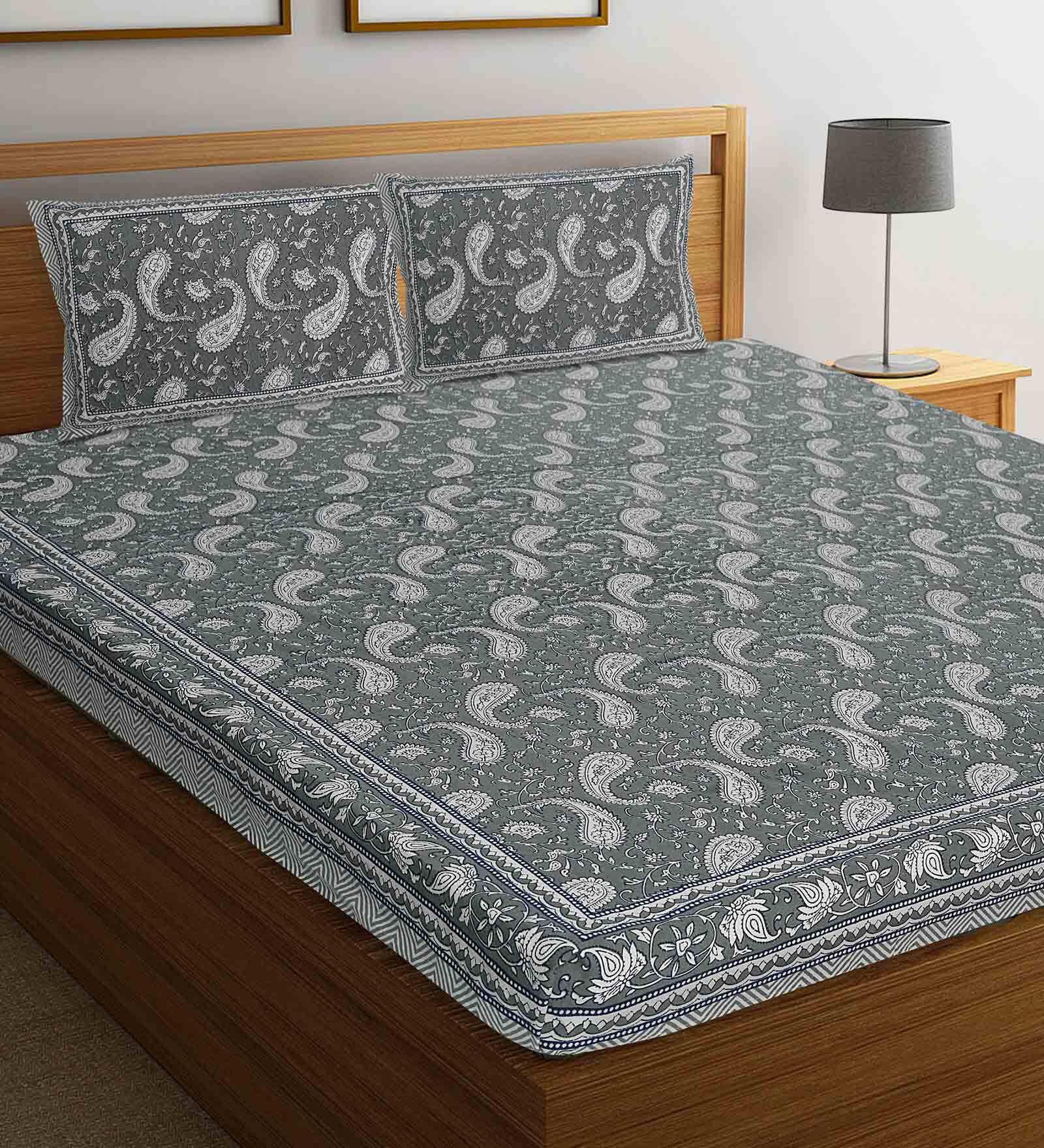 Grey Floral 144 TC Cotton 1 Double King Size Bedsheet with 2 Pillow Covers