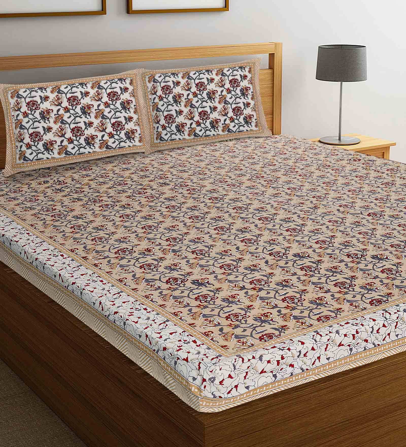 Beige Floral 144 TC Cotton 1 Double King Size Bedsheet with 2 Pillow Covers
