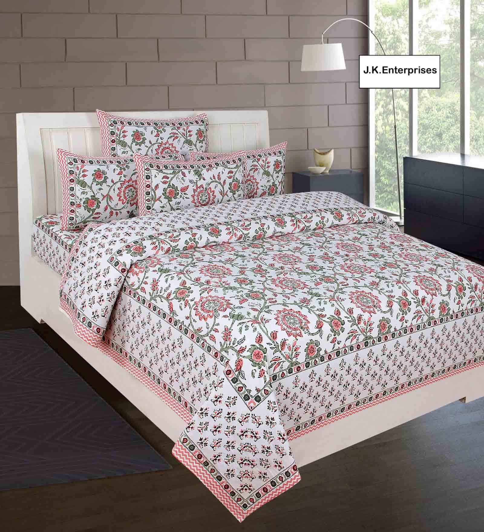 Pink Floral 144 TC Cotton 1 Double King Size Bedsheet with 2 Pillow Covers