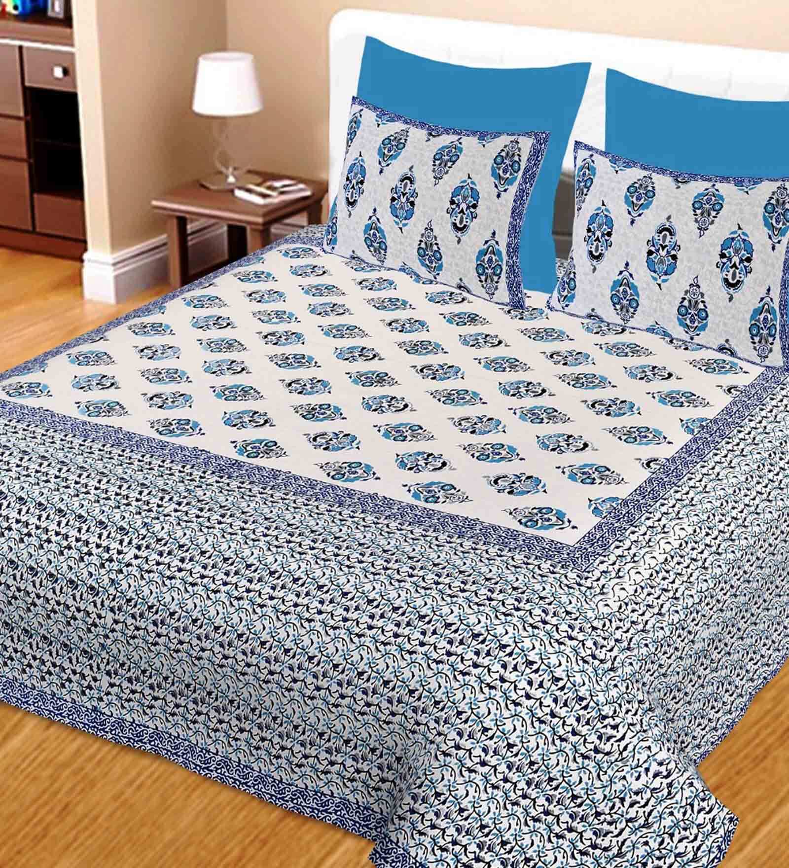 Blue Traditional 144 TC Cotton 1 Double King Size Bedsheet with 2 Pillow Covers