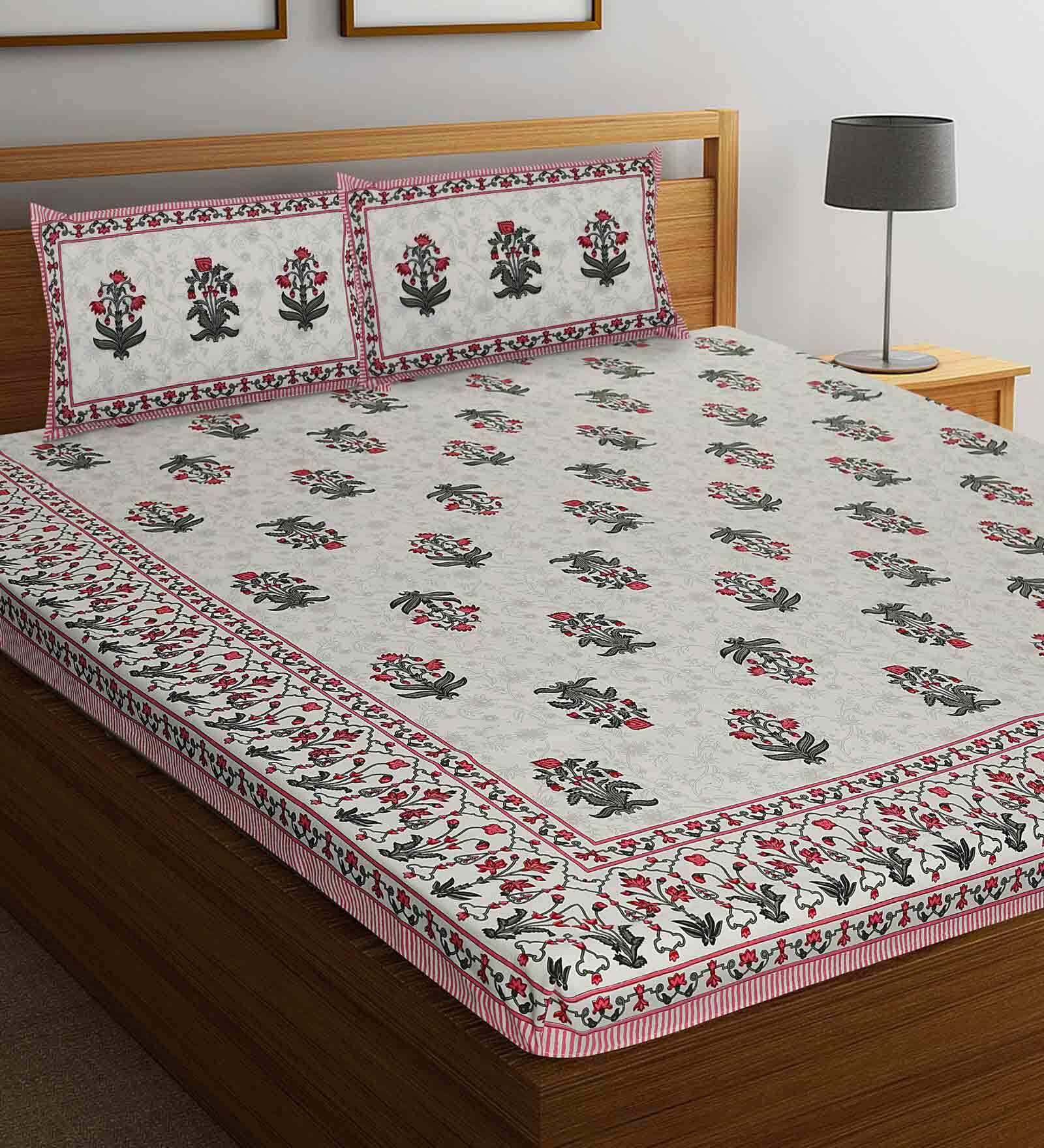 Pink Floral 144 TC Cotton 1 Double King Size Bedsheet with 2 Pillow Covers