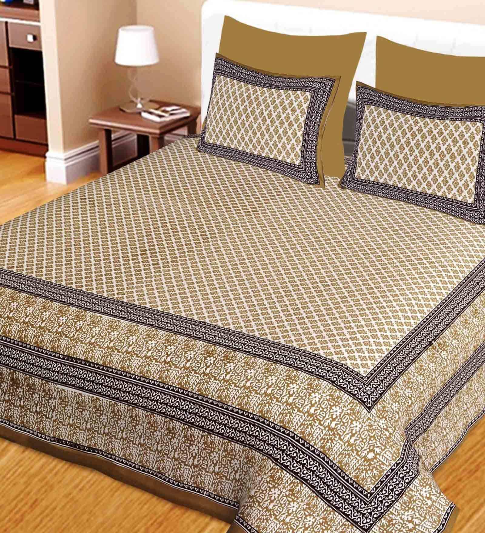 Brown Traditional 144 TC Cotton 1 Double King Size Bedsheet with 2 Pillow Covers