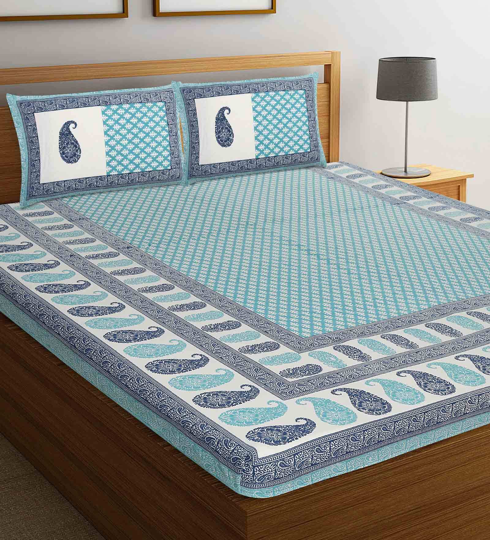 Blue Traditional 144 TC Cotton Blend King Sized Bed Sheets with 2 Pillow Covers