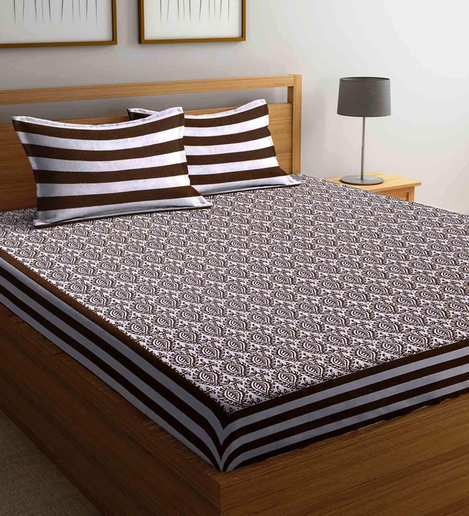 Brown Traditional 144 TC Cotton 1 Double King Size Bedsheet with 2 Pillow Covers