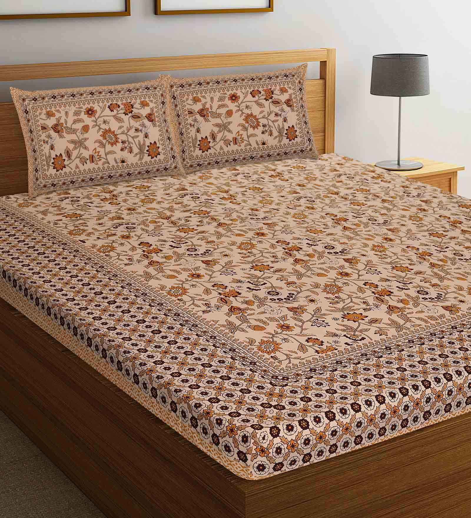 Beige Floral 144 TC Cotton 1 Double King Size Bedsheet with 2 Pillow Covers