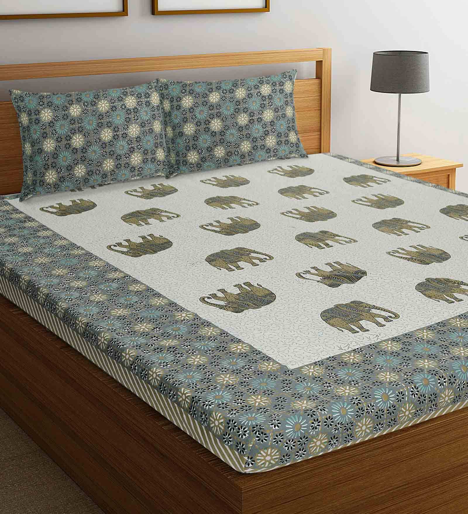 Blue Traditional 144 TC Cotton 1 Double King Size Bedsheet with 2 Pillow Covers