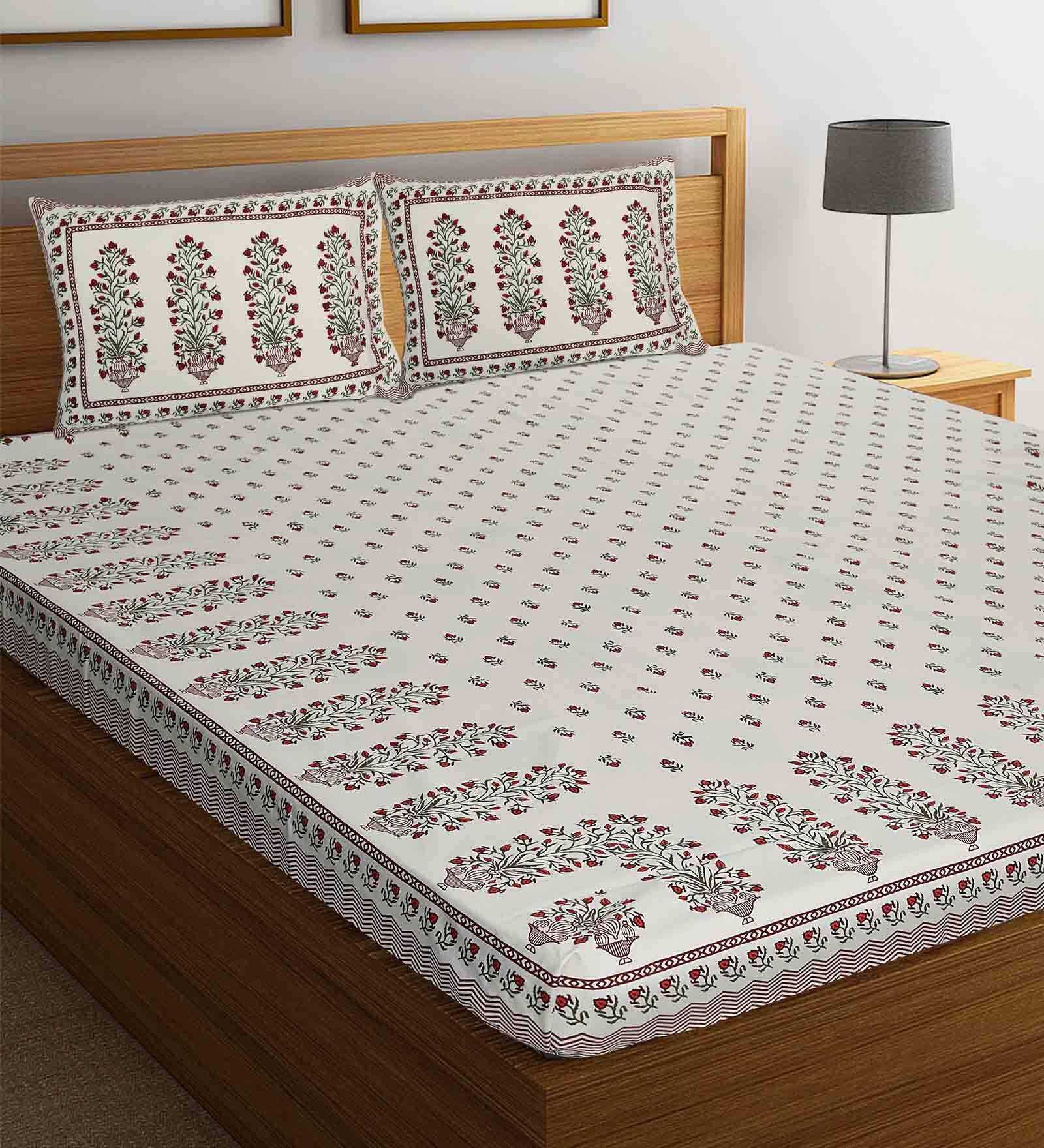 Off White Floral 144 TC Cotton 1 Double King Size Bedsheet with 2 Pillow Covers