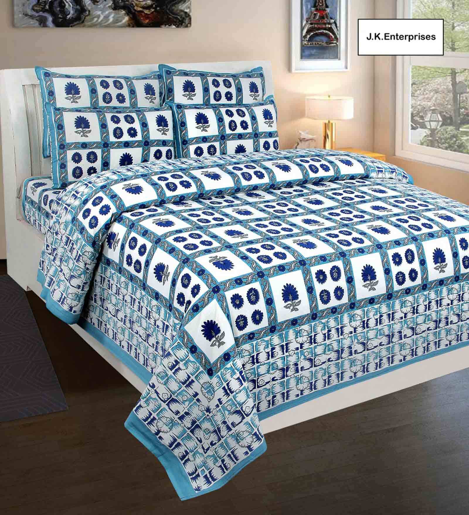 Blue Floral 144 TC Cotton 1 Double King Size Bedsheet with 2 Pillow Covers