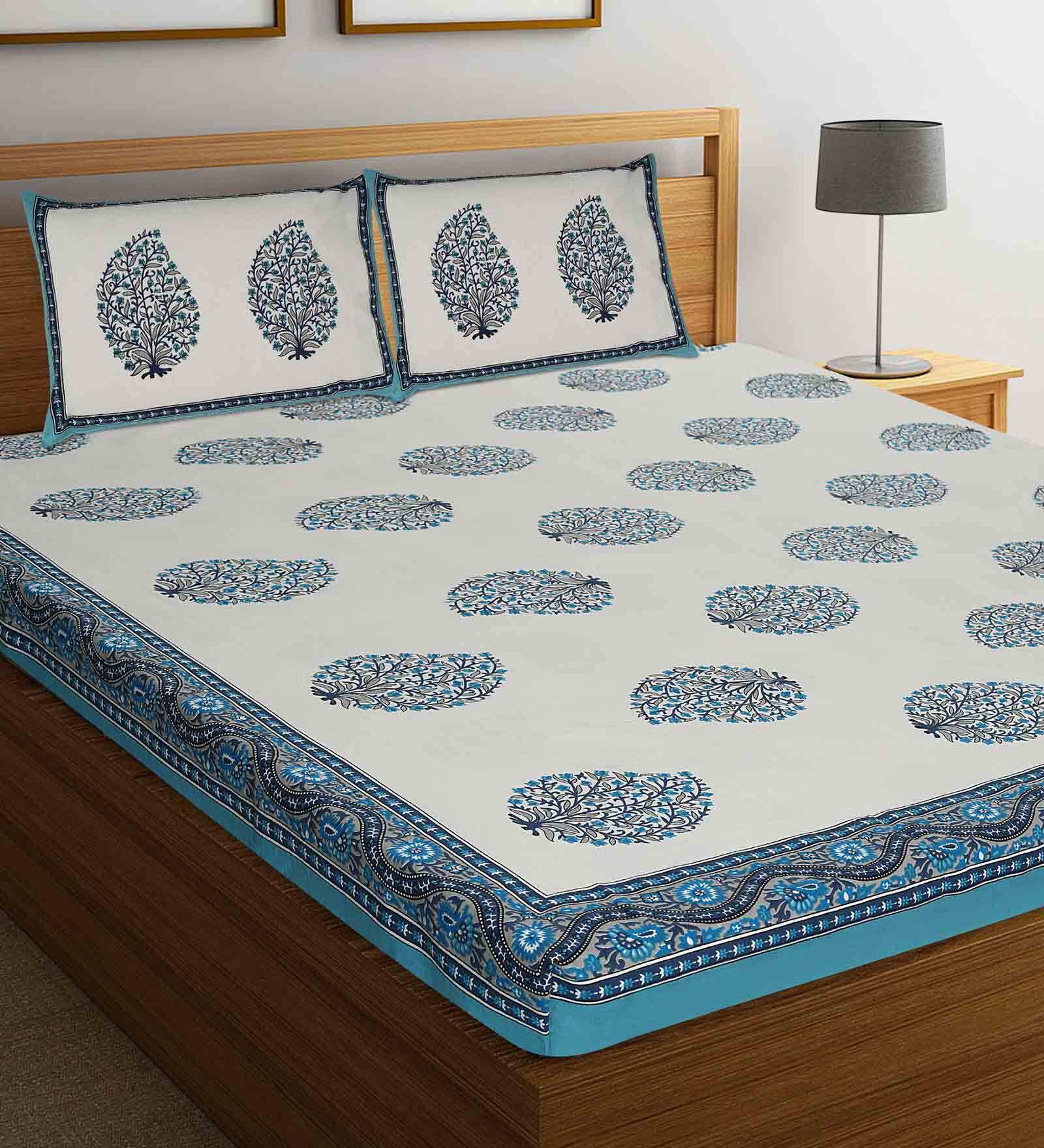 Blue Floral 144 TC Cotton 1 Double King Size Bedsheet with 2 Pillow Covers
