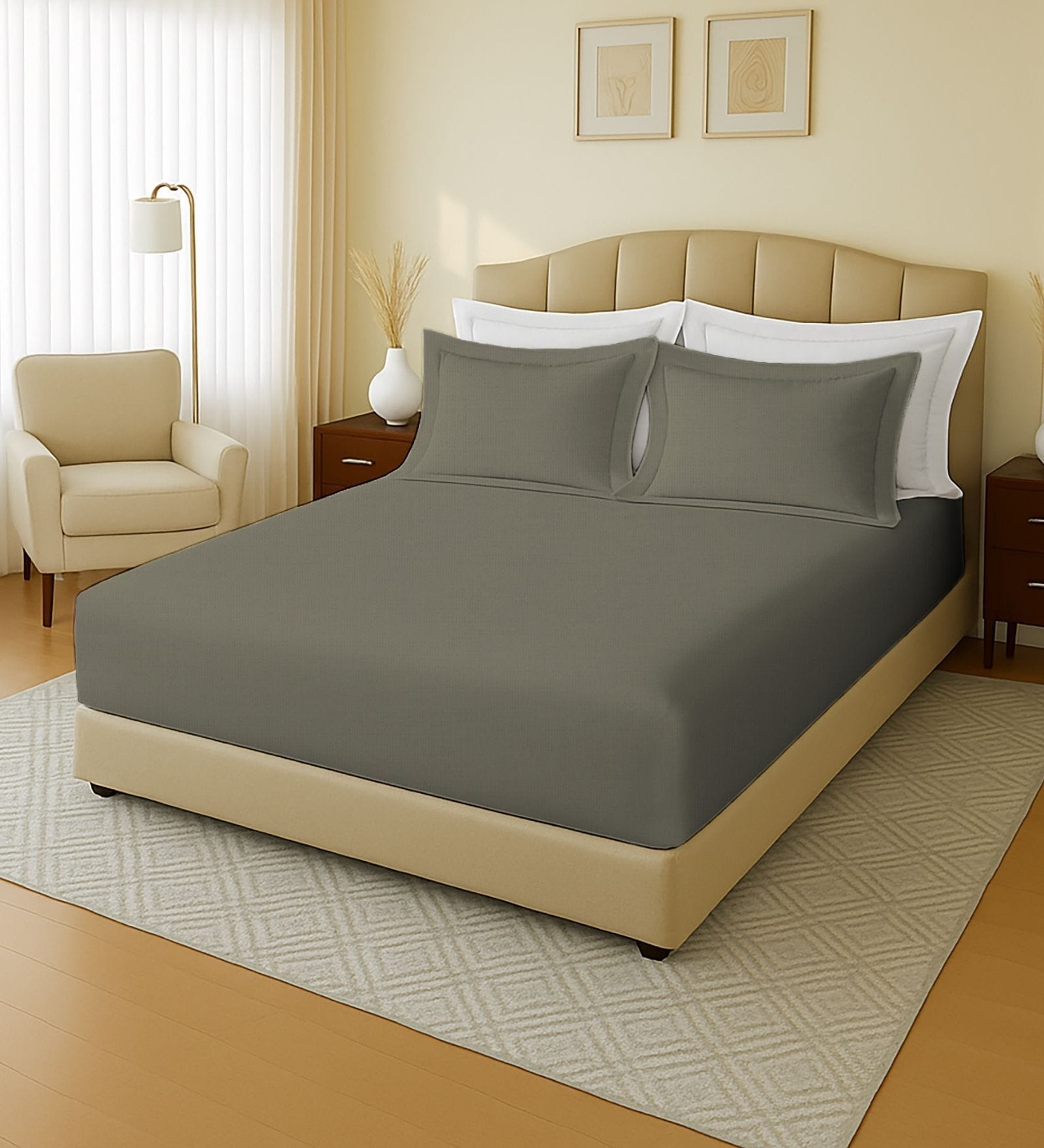 Grey 144 TC Cotton King Sized Double Bedsheet With 2 Pillow Covers