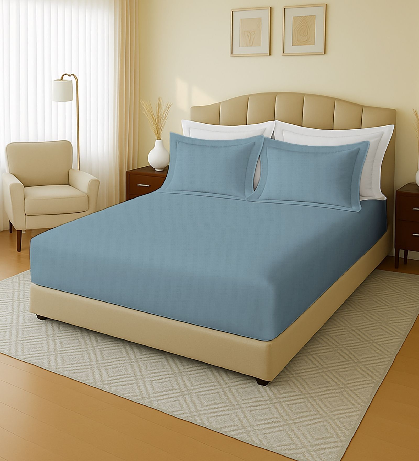 Blue 144 TC Cotton Double Bedsheet With 2 Pillow Covers