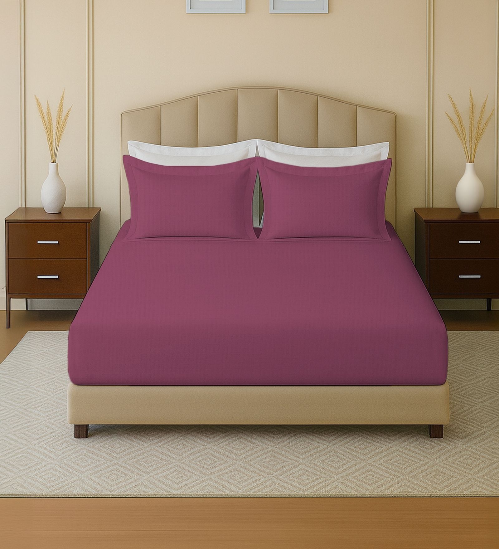 Pink 144 TC Cotton King Sized Double Bedsheet With 2 Pillow Covers