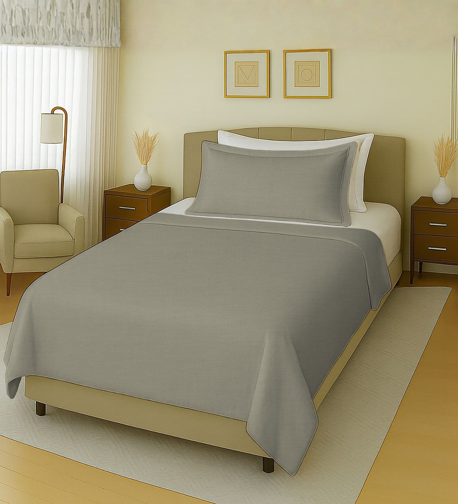 Grey 144 TC Cotton Queen Sized Single Bedsheet With 2 Pillow Covers